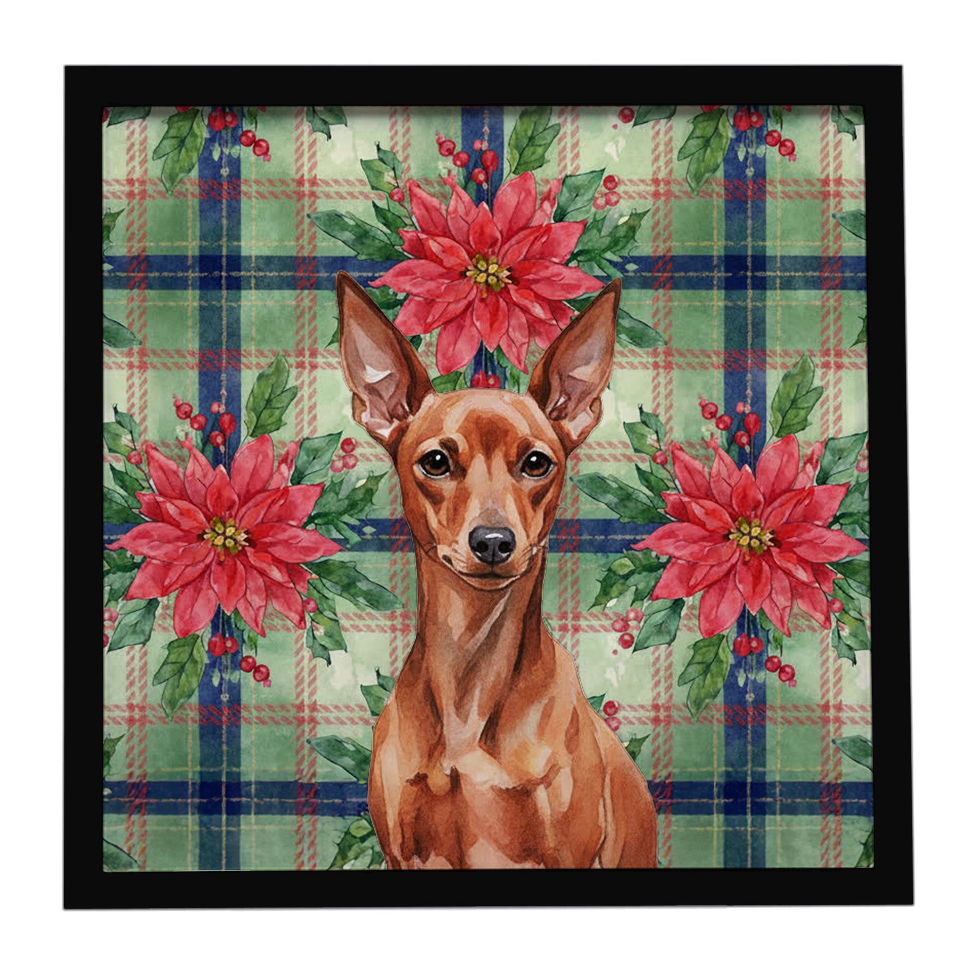 Red Miniature Pinscher Min Pin Christmas PoinsettIas Framed Metal Print Bathroom, Kitchen, Office, Home Decor Wall Art Ready to Hang, Square, 8X8