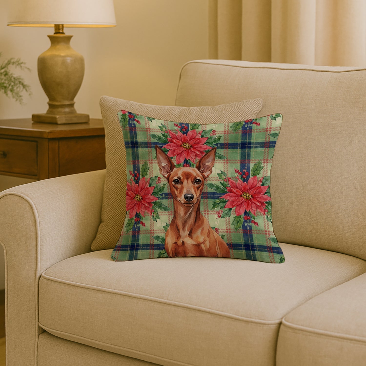 Red Miniature Pinscher Min Pin Christmas PoinsettIas Decorative Throw Pillow 18x18 Indoor Outdoor Accent Cushion, Fabric Cover with Insert for Sofa, Bed, Porch & Living Room