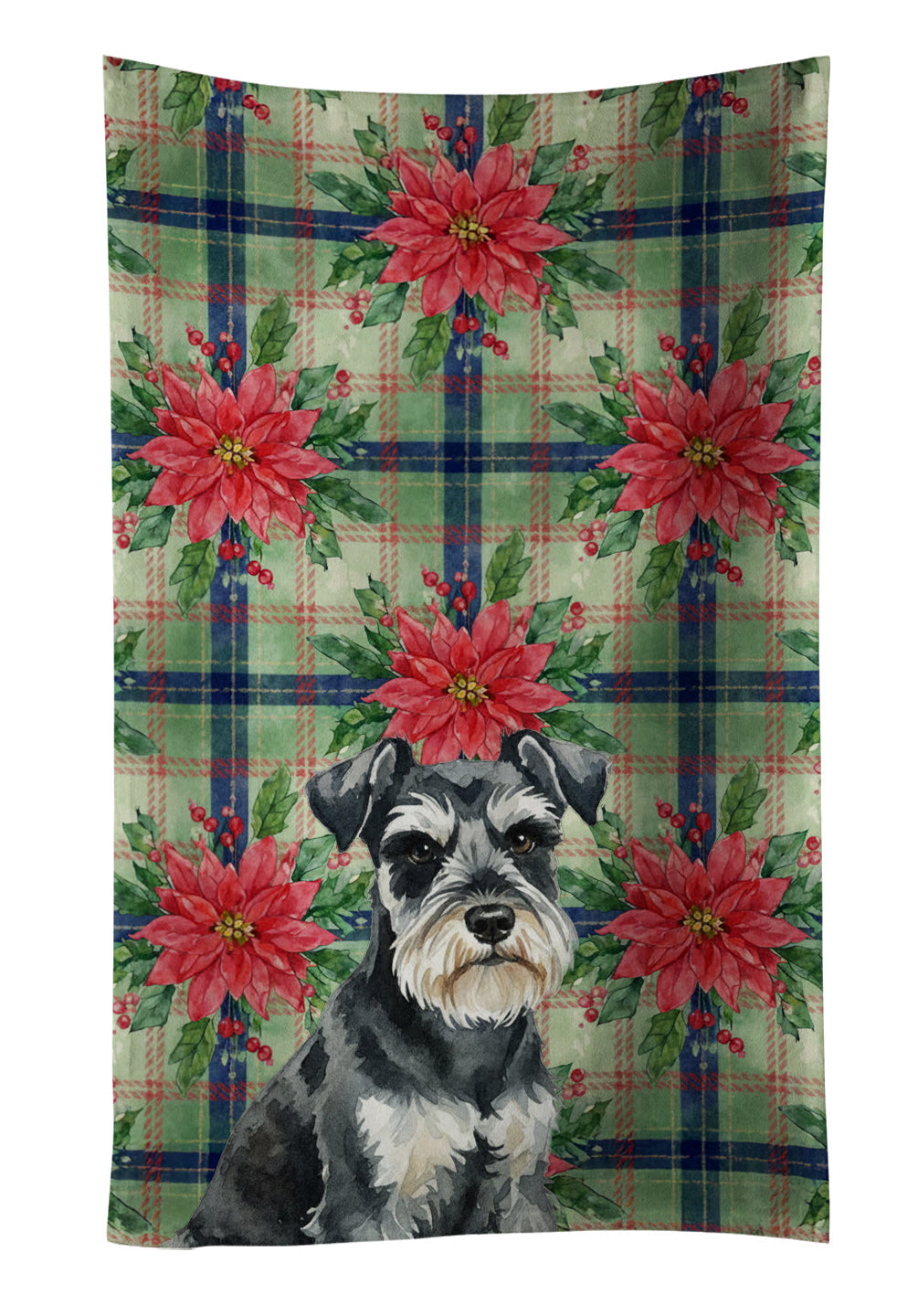 Black & Silver Miniature Schnauzer Christmas PoinsettIas Kitchen Towel Velour Plush Front and Cotton Loop Back Machine Washable