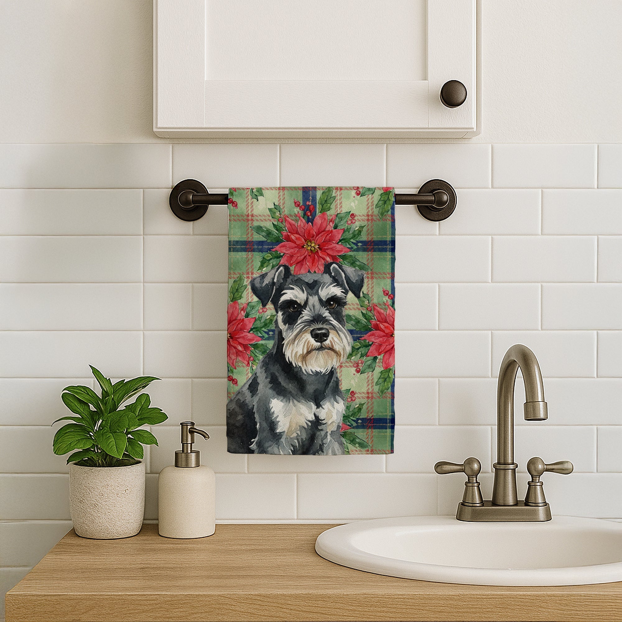 Black & Silver Miniature Schnauzer Christmas PoinsettIas Kitchen Towel Velour Plush Front and Cotton Loop Back Machine Washable
