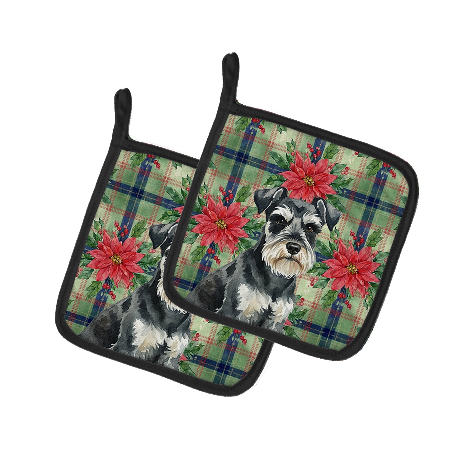 Black & Silver Miniature Schnauzer Christmas PoinsettIas Pot Holder Set of 2 Heat Resistant Quilted Hot Pads 7.5 x 7.5 Inch, Insulated Kitchen Trivets for Cooking & Baking
