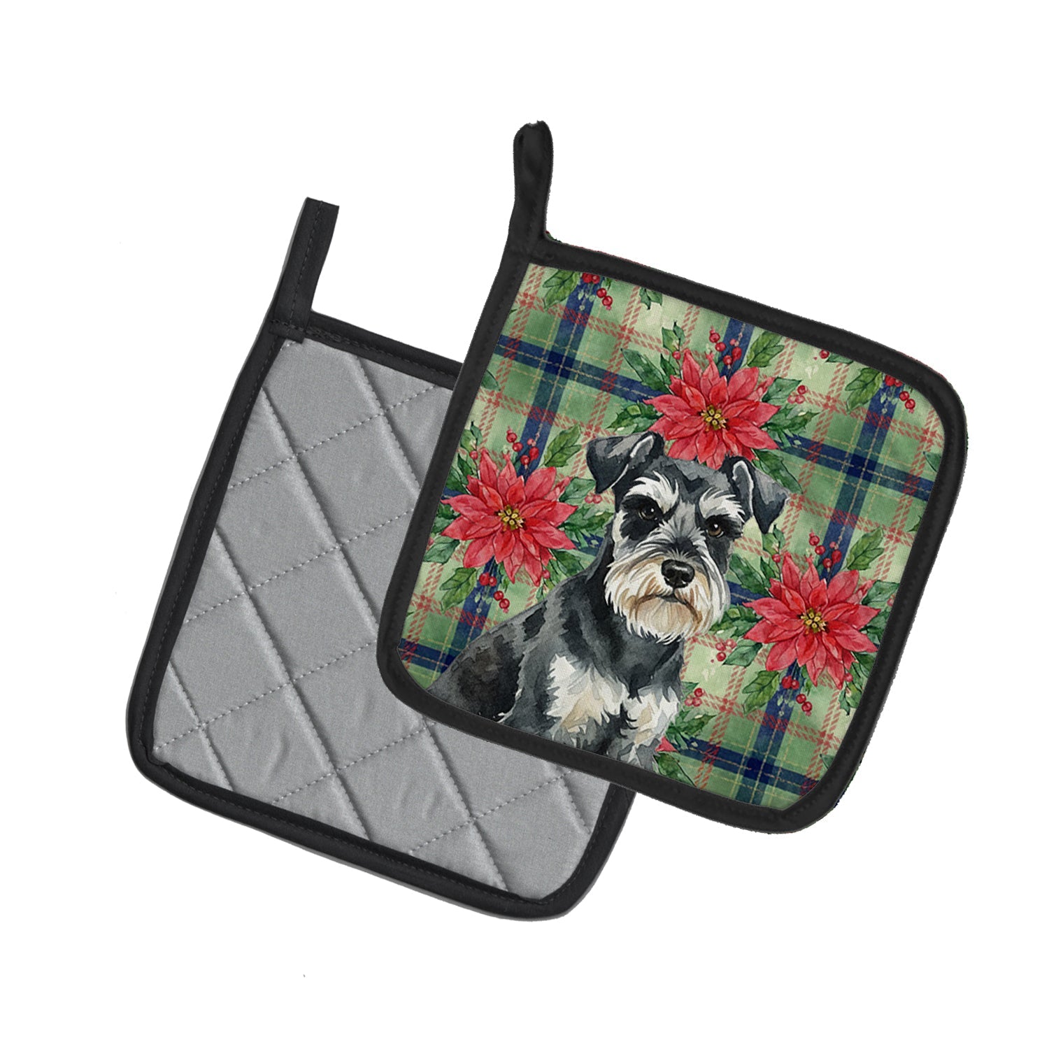 Black & Silver Miniature Schnauzer Christmas PoinsettIas Pot Holder Set of 2 Heat Resistant Quilted Hot Pads 7.5 x 7.5 Inch, Insulated Kitchen Trivets for Cooking & Baking