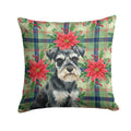 Black & Silver Miniature Schnauzer Christmas PoinsettIas Decorative Throw Pillow 14x14 Indoor Outdoor Accent Cushion, Fabric Cover with Insert for Sofa, Bed, Porch & Living Room
