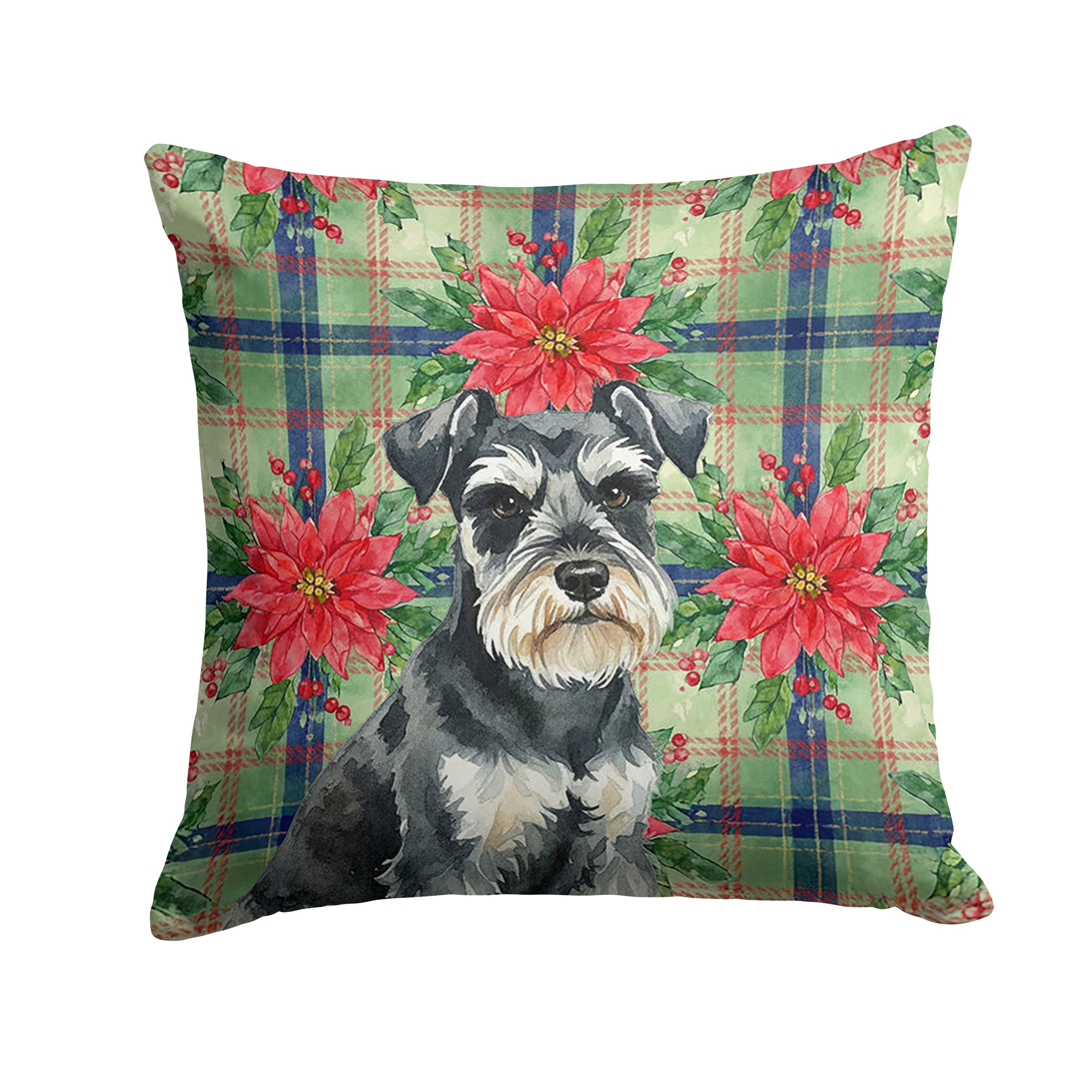 Black & Silver Miniature Schnauzer Christmas PoinsettIas Decorative Throw Pillow 18x18 Indoor Outdoor Accent Cushion, Fabric Cover with Insert for Sofa, Bed, Porch & Living Room