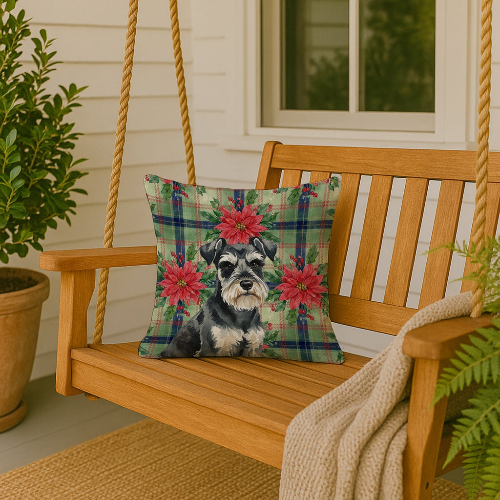Black & Silver Miniature Schnauzer Christmas PoinsettIas Decorative Throw Pillow 18x18 Indoor Outdoor Accent Cushion, Fabric Cover with Insert for Sofa, Bed, Porch & Living Room