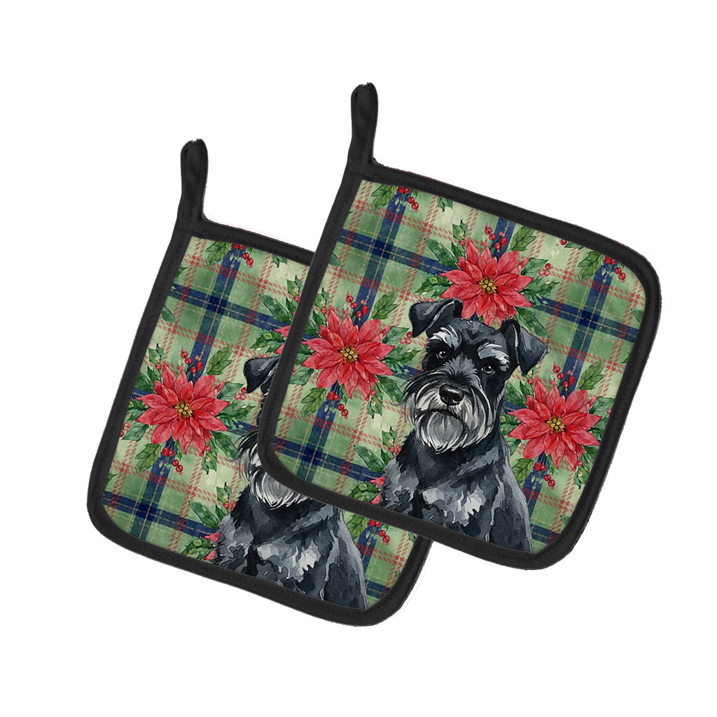 Black Miniature Schnauzer Christmas PoinsettIas Pot Holder Set of 2 Heat Resistant Quilted Hot Pads 7.5 x 7.5 Inch, Insulated Kitchen Trivets for Cooking & Baking