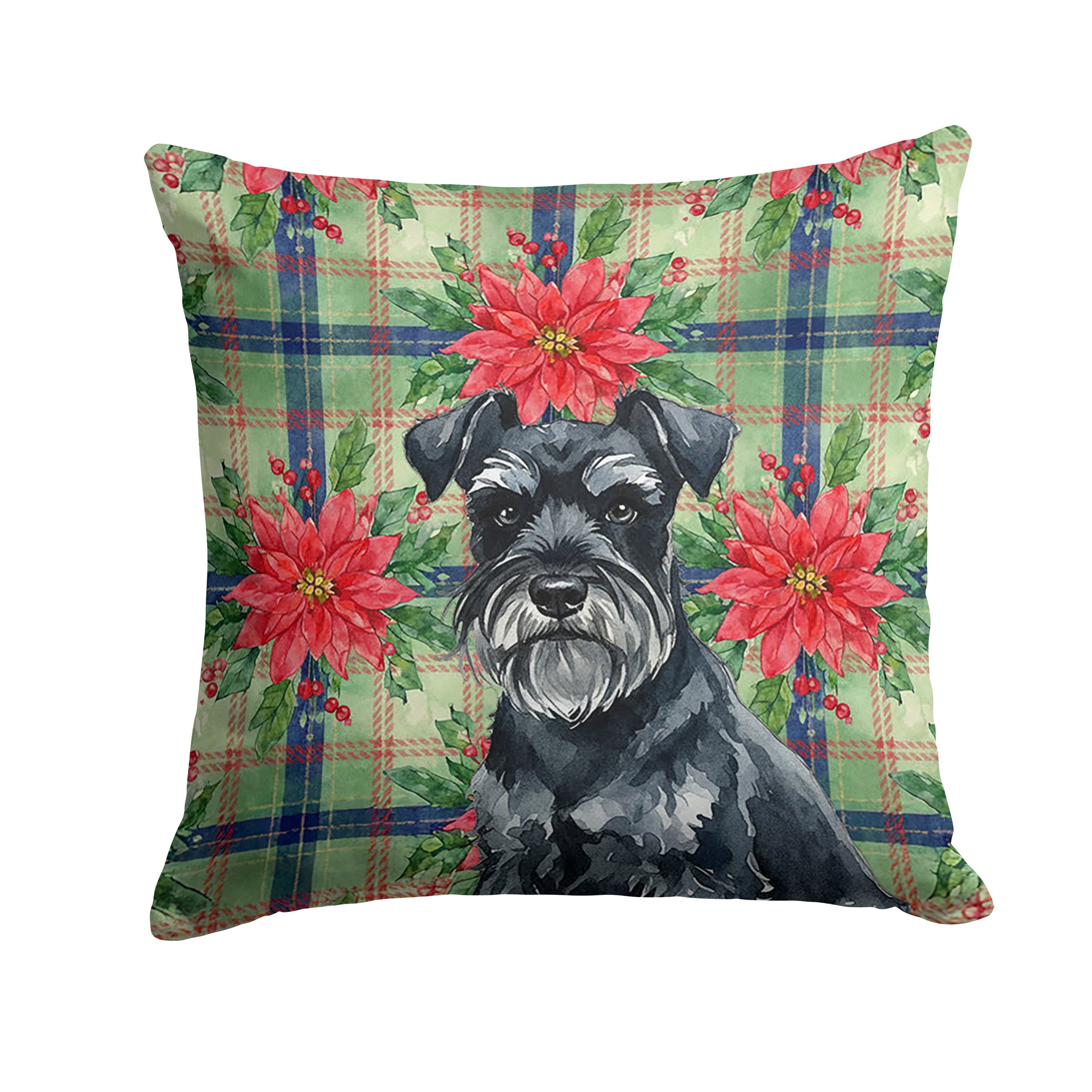 Black Miniature Schnauzer Christmas PoinsettIas Decorative Throw Pillow 14x14 Indoor Outdoor Accent Cushion, Fabric Cover with Insert for Sofa, Bed, Porch & Living Room