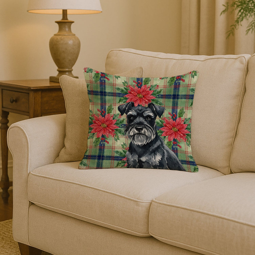 Black Miniature Schnauzer Christmas PoinsettIas Decorative Throw Pillow 14x14 Indoor Outdoor Accent Cushion, Fabric Cover with Insert for Sofa, Bed, Porch & Living Room