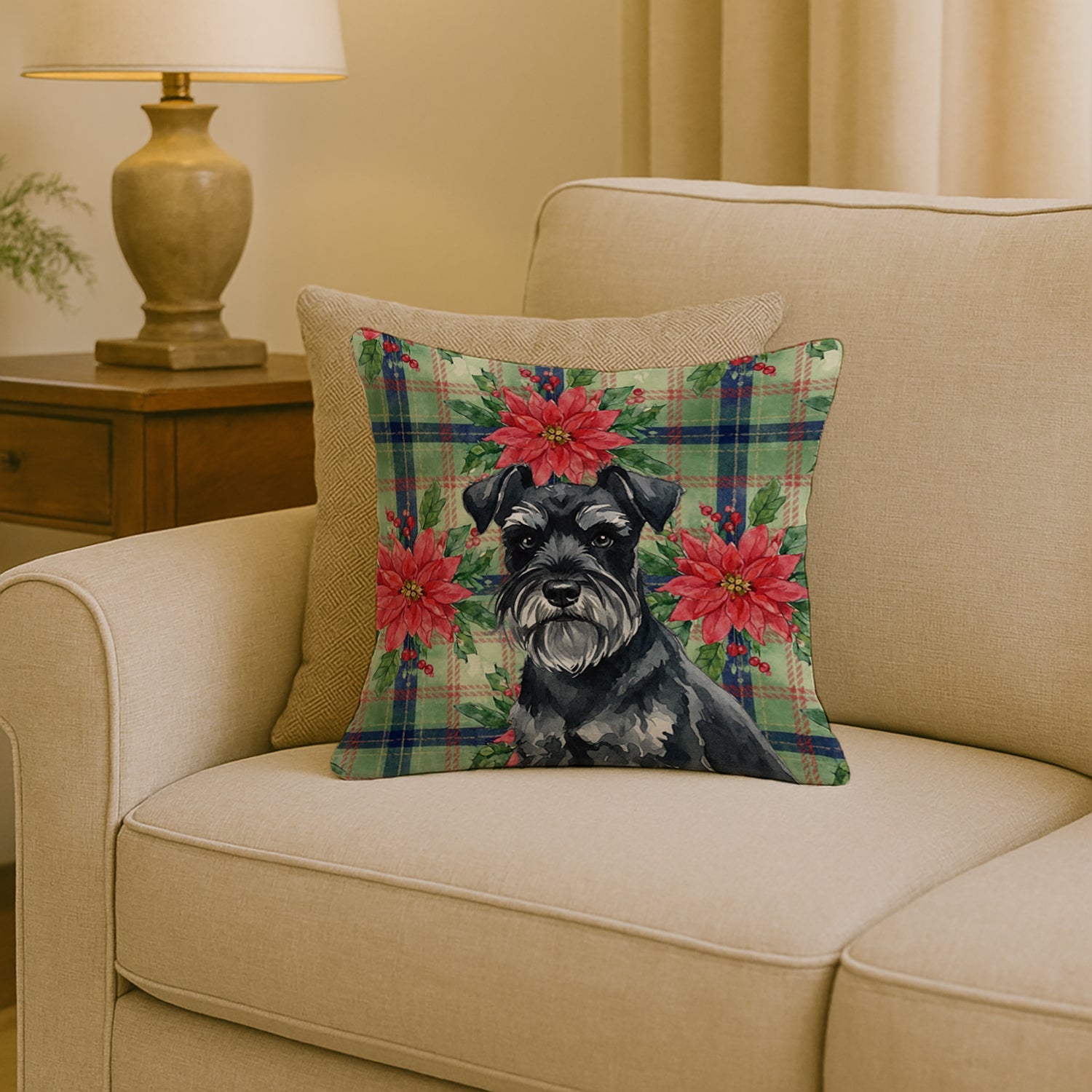 Black Miniature Schnauzer Christmas PoinsettIas Decorative Throw Pillow 18x18 Indoor Outdoor Accent Cushion, Fabric Cover with Insert for Sofa, Bed, Porch & Living Room