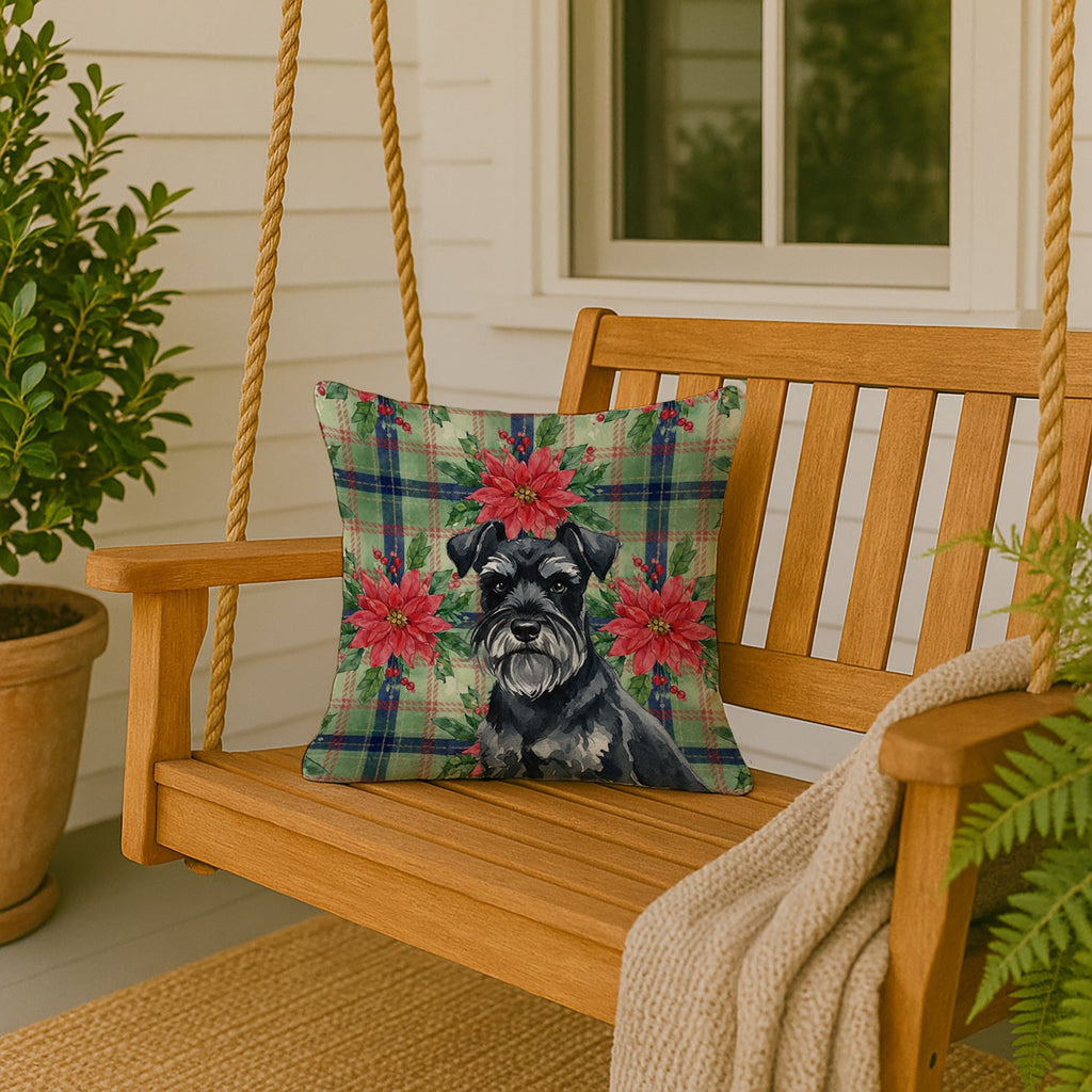 Black Miniature Schnauzer Christmas PoinsettIas Decorative Throw Pillow 18x18 Indoor Outdoor Accent Cushion, Fabric Cover with Insert for Sofa, Bed, Porch & Living Room