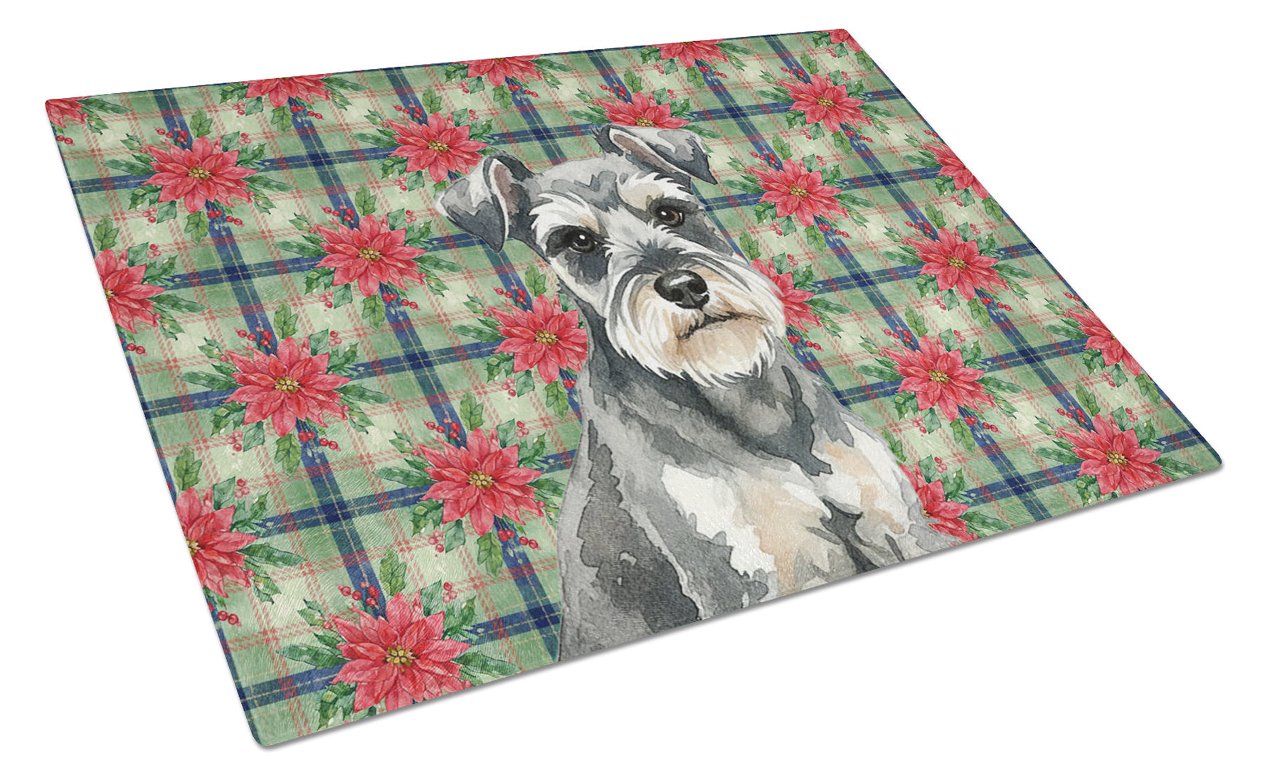 Miniature Schnauzer Christmas PoinsettIas Cutting Board Tempered Glass Kitchen Cutting Surface, Heat Resistant Chopping, Non-Slip Feet, Food Prep & Serving