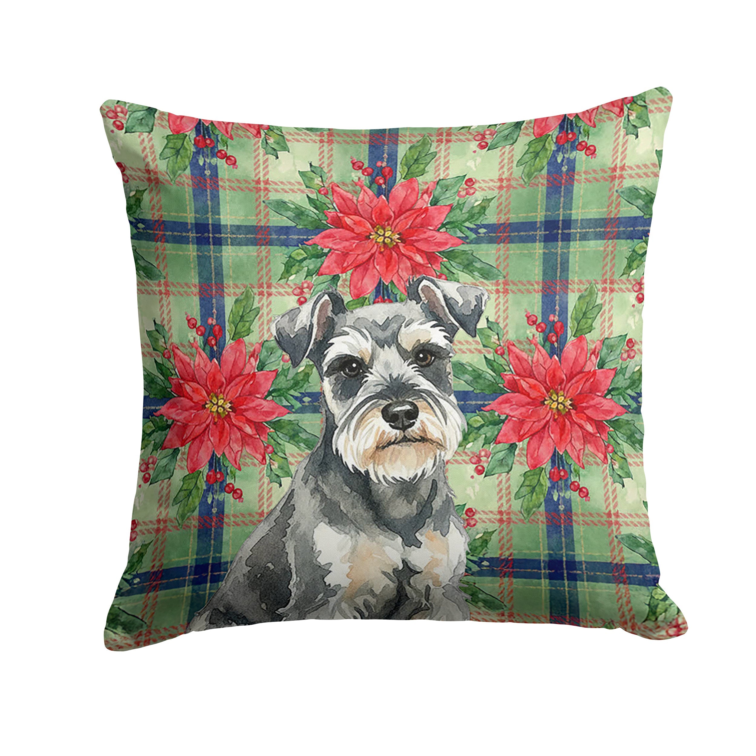 Miniature Schnauzer Christmas PoinsettIas Decorative Throw Pillow 14x14 Indoor Outdoor Accent Cushion, Fabric Cover with Insert for Sofa, Bed, Porch & Living Room