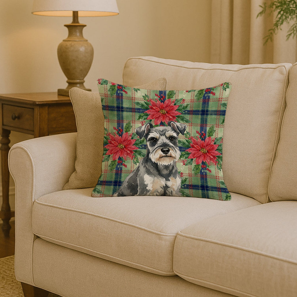 Miniature Schnauzer Christmas PoinsettIas Decorative Throw Pillow 14x14 Indoor Outdoor Accent Cushion, Fabric Cover with Insert for Sofa, Bed, Porch & Living Room