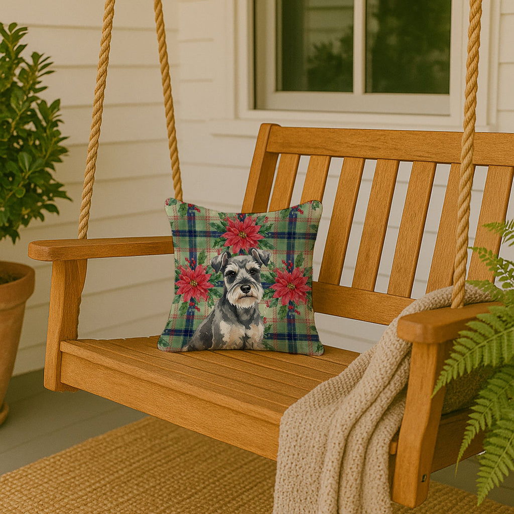 Miniature Schnauzer Christmas PoinsettIas Decorative Throw Pillow 14x14 Indoor Outdoor Accent Cushion, Fabric Cover with Insert for Sofa, Bed, Porch & Living Room