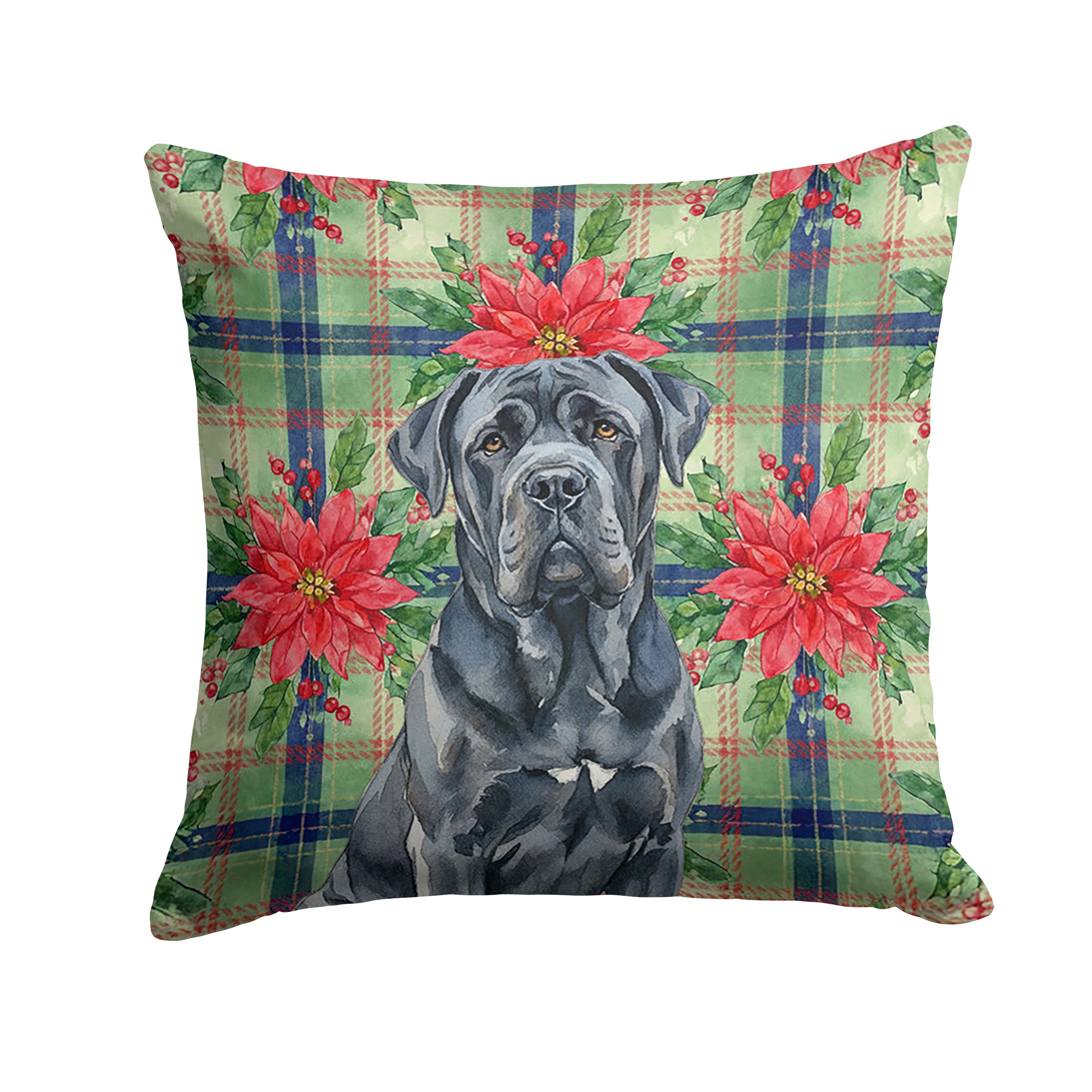 Black Neapolitan Mastiff Christmas PoinsettIas Decorative Throw Pillow 18x18 Indoor Outdoor Accent Cushion, Fabric Cover with Insert for Sofa, Bed, Porch & Living Room