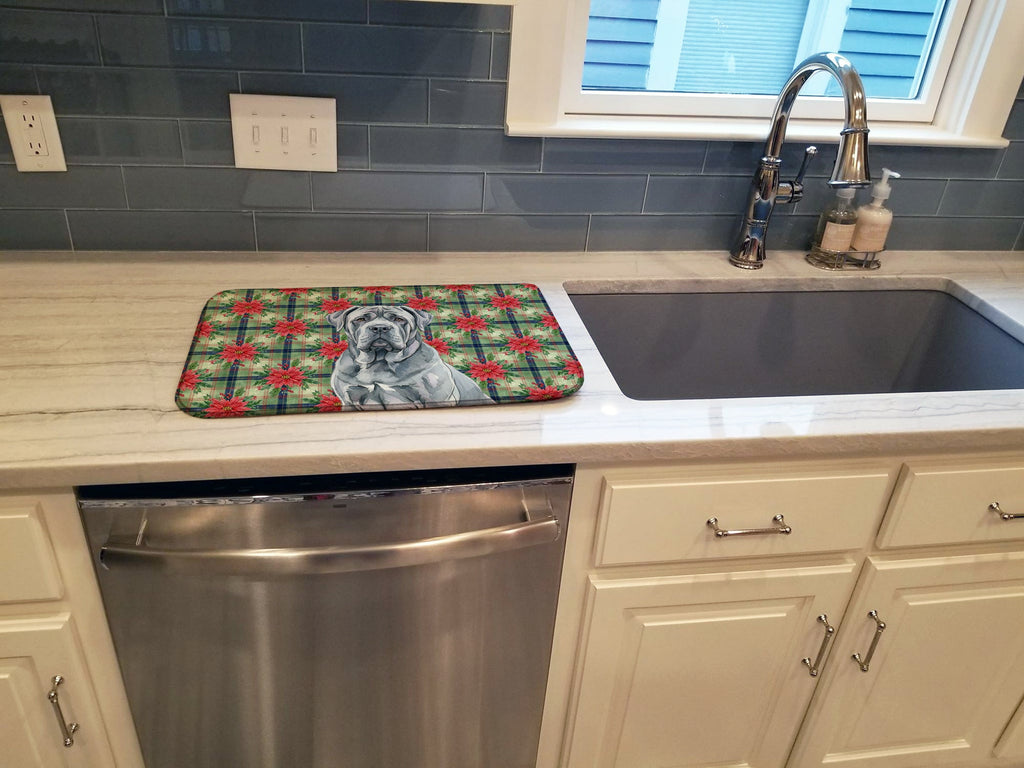 Blue Neapolitan Mastiff Christmas PoinsettIas Dish Drying Mat Absorbent Dish Drying Mat Pad for Kitchen Counter Dish Drainer Mat for Countertop, 14 x 21", Multicolor