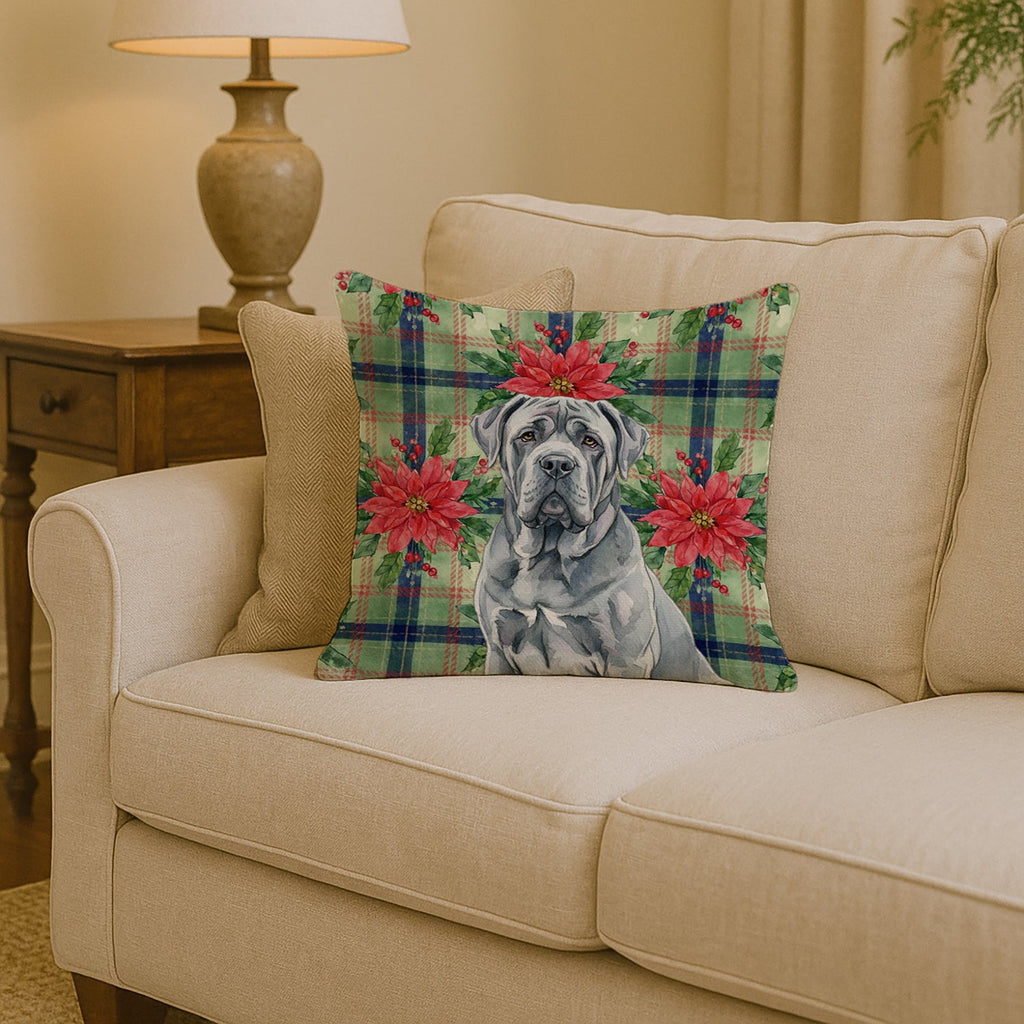 Blue Neapolitan Mastiff Christmas PoinsettIas Decorative Throw Pillow 14x14 Indoor Outdoor Accent Cushion, Fabric Cover with Insert for Sofa, Bed, Porch & Living Room