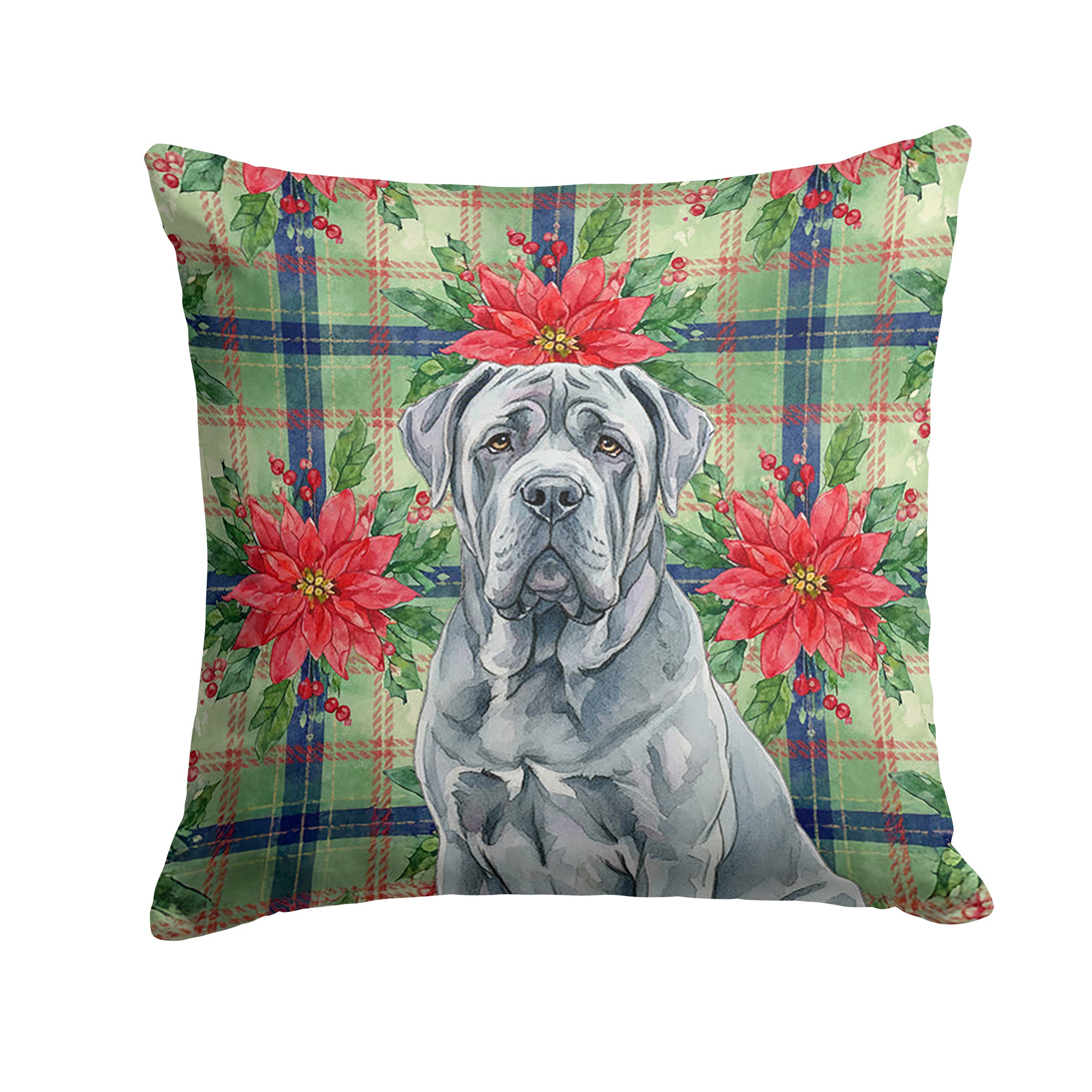Blue Neapolitan Mastiff Christmas PoinsettIas Decorative Throw Pillow 18x18 Indoor Outdoor Accent Cushion, Fabric Cover with Insert for Sofa, Bed, Porch & Living Room