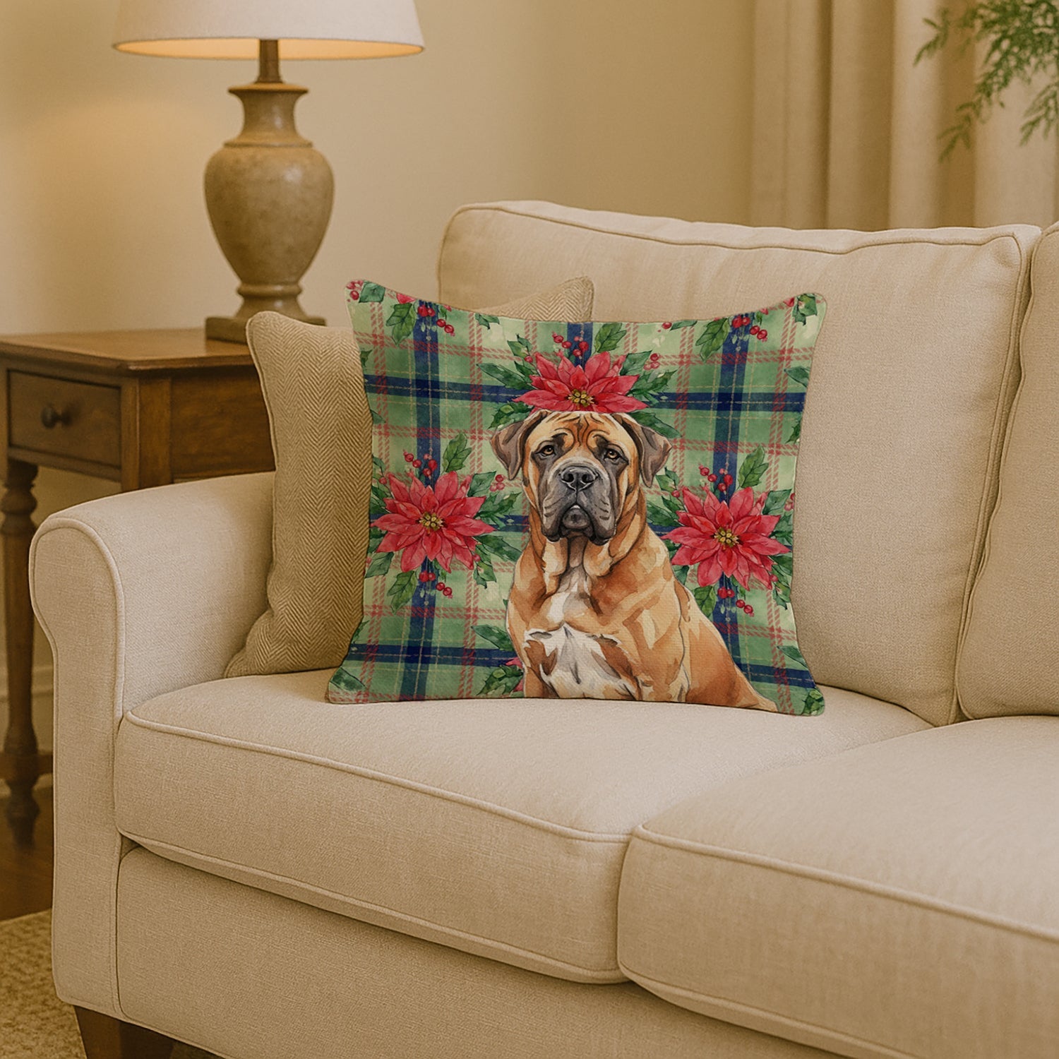 Neapolitan Mastiff Christmas PoinsettIas Decorative Throw Pillow 14x14 Indoor Outdoor Accent Cushion, Fabric Cover with Insert for Sofa, Bed, Porch & Living Room