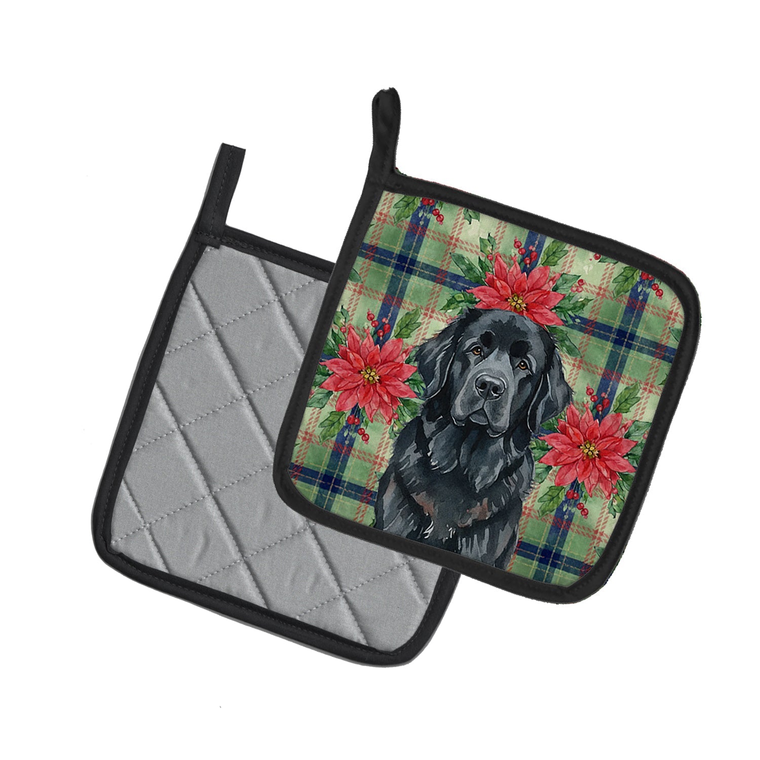 Black Newfoundland Christmas PoinsettIas Pot Holder Set of 2 Heat Resistant Quilted Hot Pads 7.5 x 7.5 Inch, Insulated Kitchen Trivets for Cooking & Baking