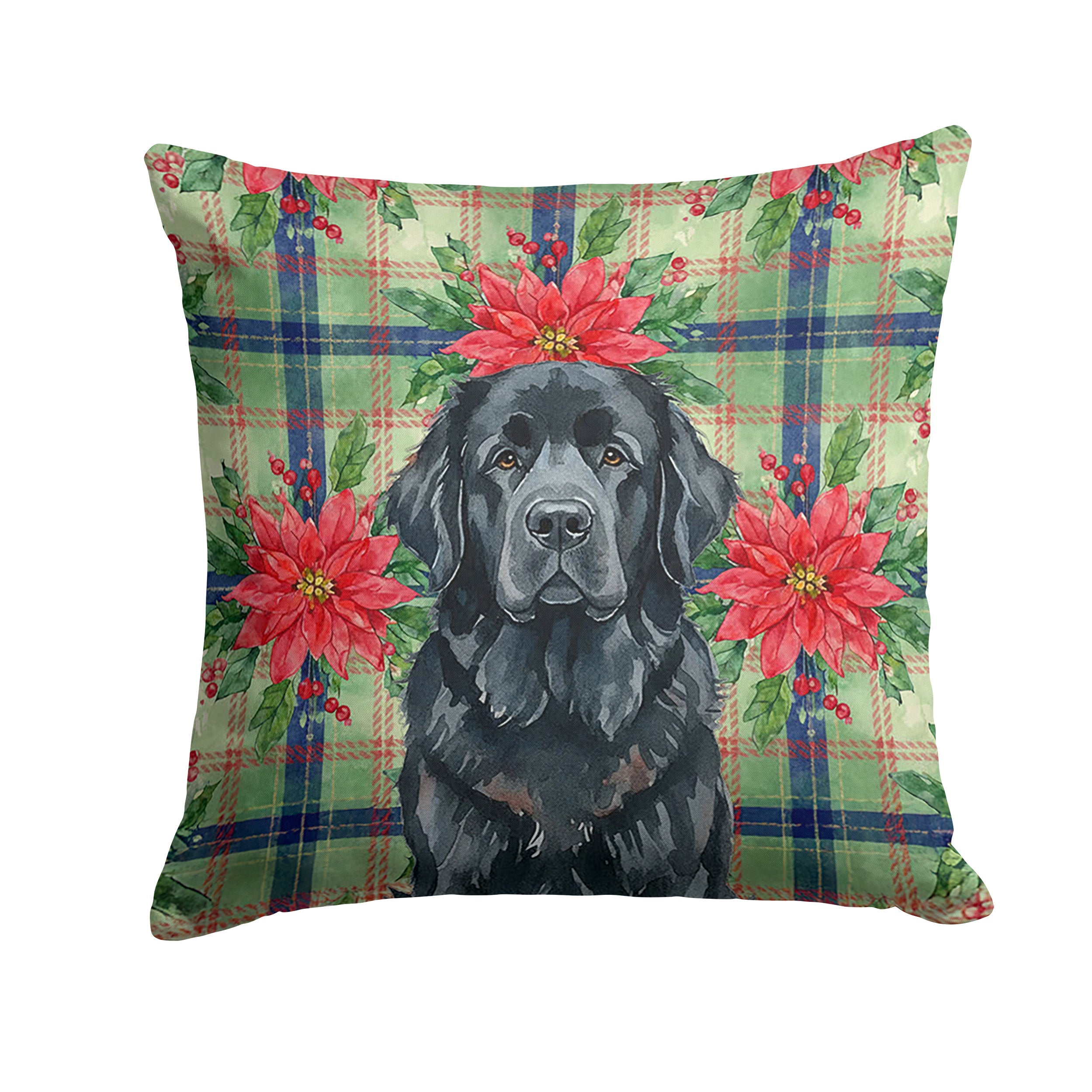Black Newfoundland Christmas PoinsettIas Decorative Throw Pillow 14x14 Indoor Outdoor Accent Cushion, Fabric Cover with Insert for Sofa, Bed, Porch & Living Room