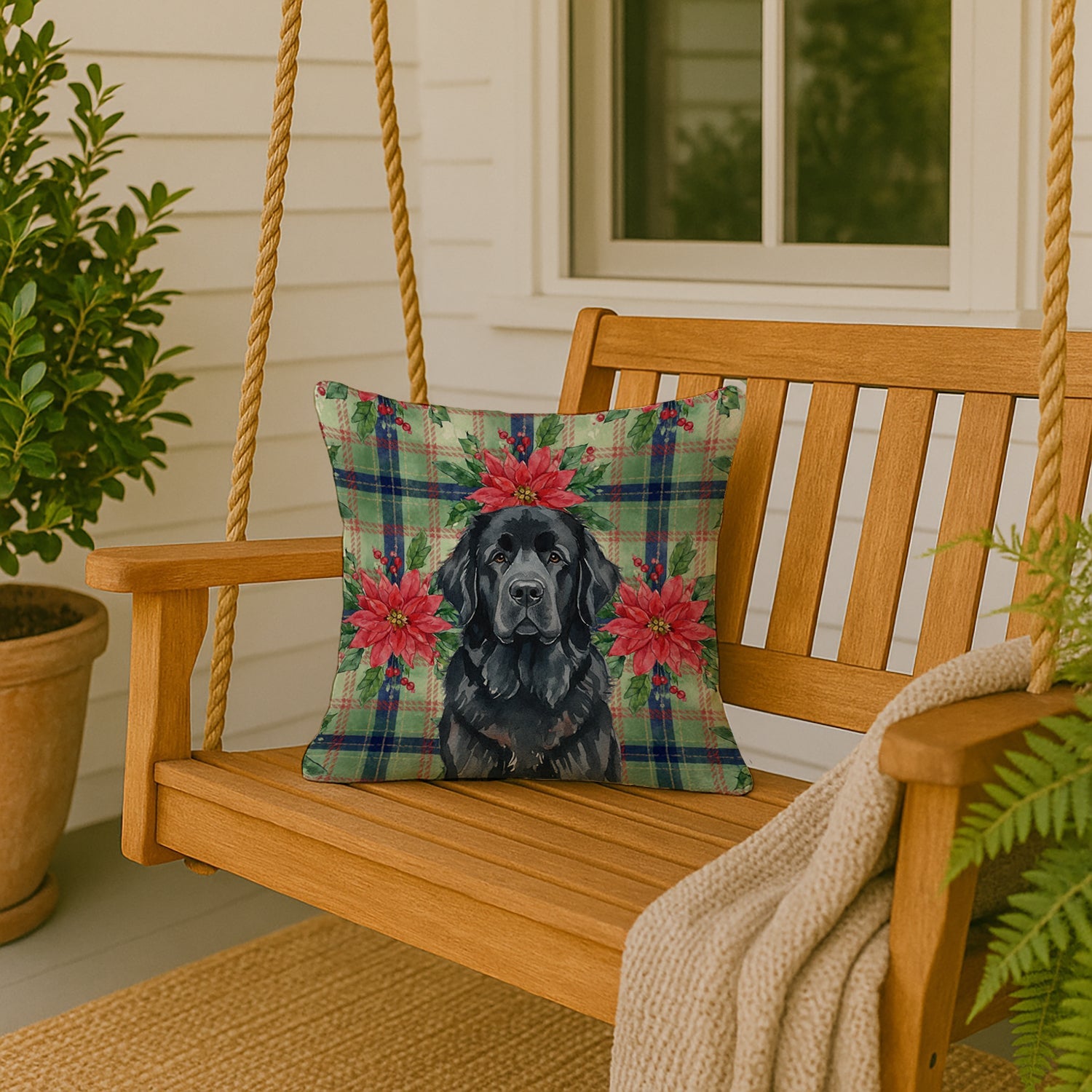 Black Newfoundland Christmas PoinsettIas Decorative Throw Pillow 18x18 Indoor Outdoor Accent Cushion, Fabric Cover with Insert for Sofa, Bed, Porch & Living Room