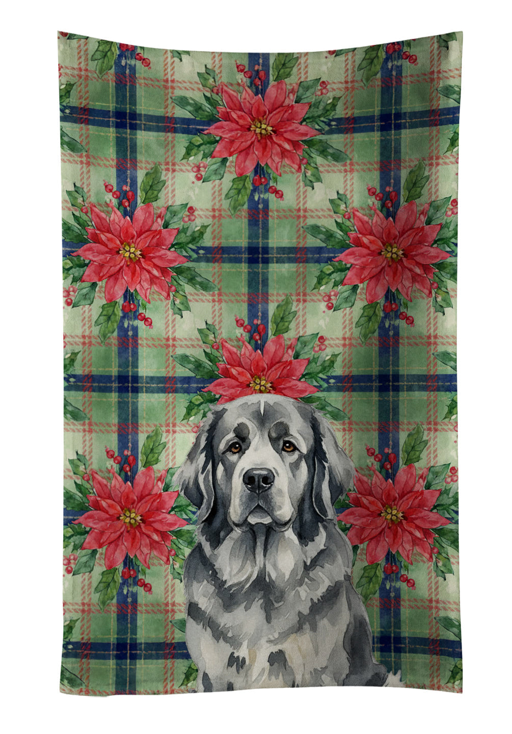 Gray Newfoundland Christmas PoinsettIas Kitchen Towel Velour Plush Front and Cotton Loop Back Machine Washable