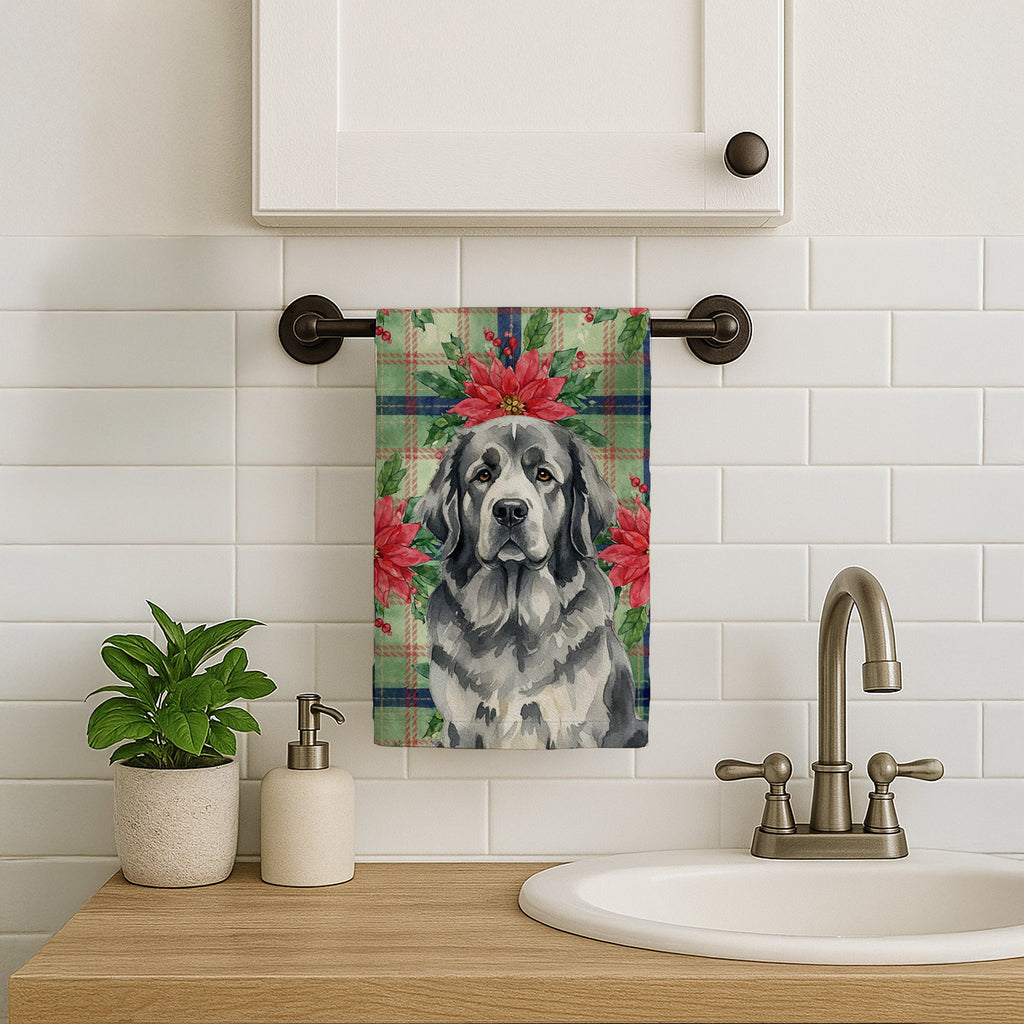 Gray Newfoundland Christmas PoinsettIas Kitchen Towel Velour Plush Front and Cotton Loop Back Machine Washable