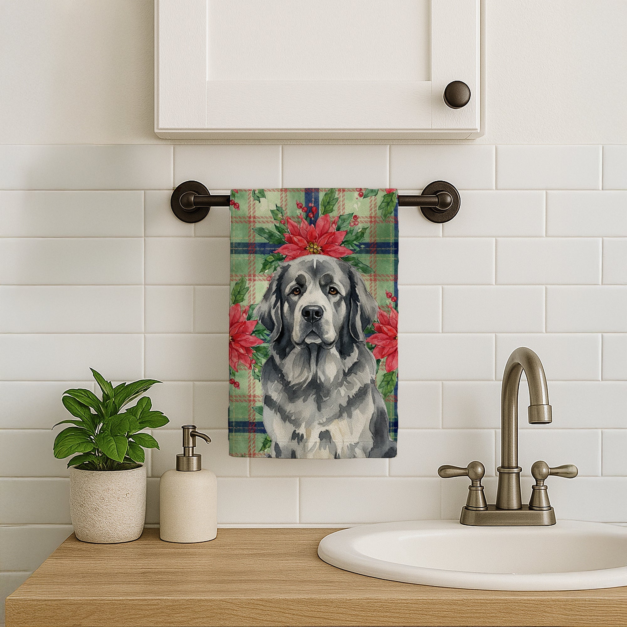 Gray Newfoundland Christmas PoinsettIas Kitchen Towel Velour Plush Front and Cotton Loop Back Machine Washable