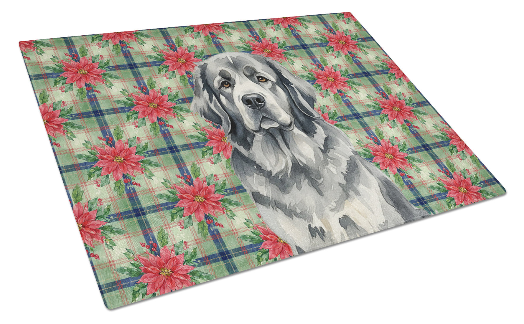Gray Newfoundland Christmas PoinsettIas Cutting Board Tempered Glass Kitchen Cutting Surface, Heat Resistant Chopping, Non-Slip Feet, Food Prep & Serving