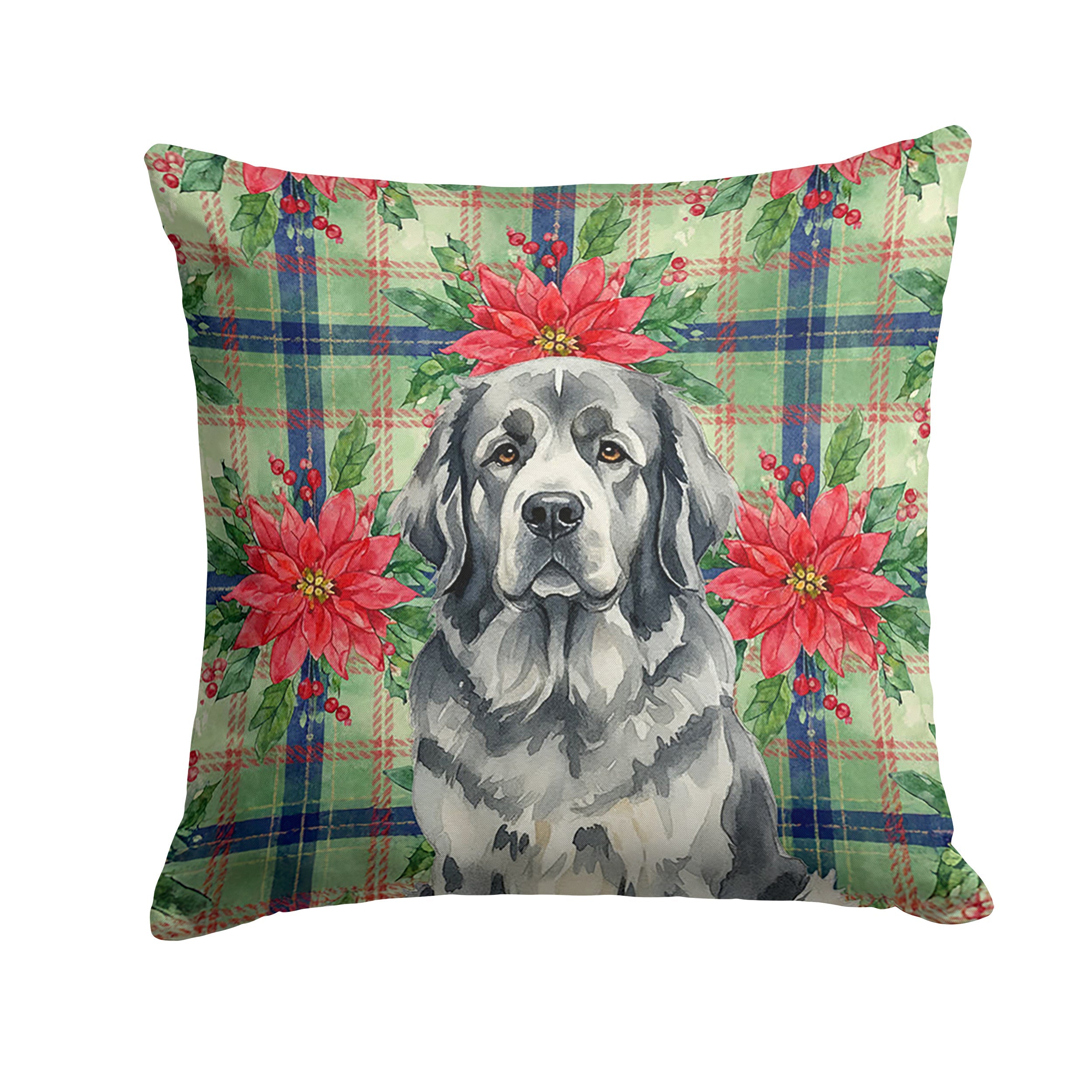 Gray Newfoundland Christmas PoinsettIas Decorative Throw Pillow 14x14 Indoor Outdoor Accent Cushion, Fabric Cover with Insert for Sofa, Bed, Porch & Living Room