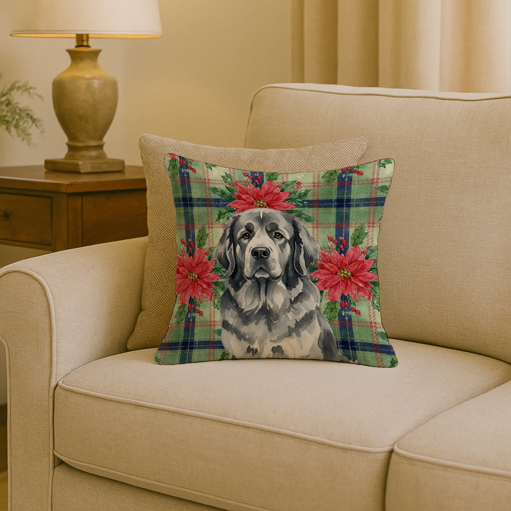 Gray Newfoundland Christmas PoinsettIas Decorative Throw Pillow 18x18 Indoor Outdoor Accent Cushion, Fabric Cover with Insert for Sofa, Bed, Porch & Living Room