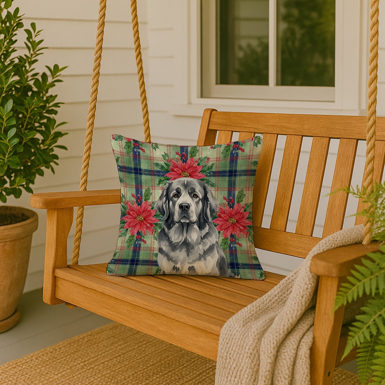 Gray Newfoundland Christmas PoinsettIas Decorative Throw Pillow 18x18 Indoor Outdoor Accent Cushion, Fabric Cover with Insert for Sofa, Bed, Porch & Living Room