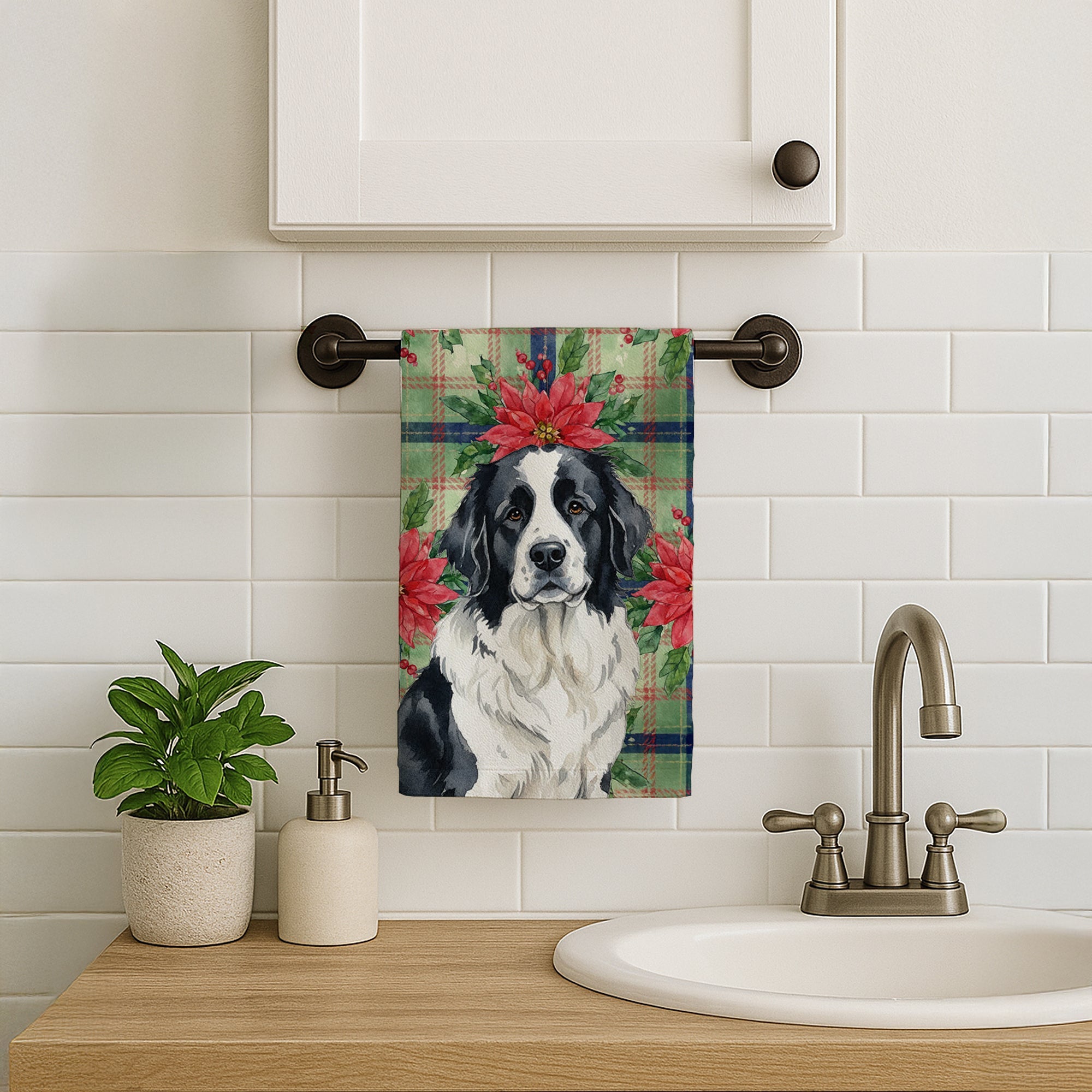 Landseer Newfoundland Christmas PoinsettIas Kitchen Towel Velour Plush Front and Cotton Loop Back Machine Washable
