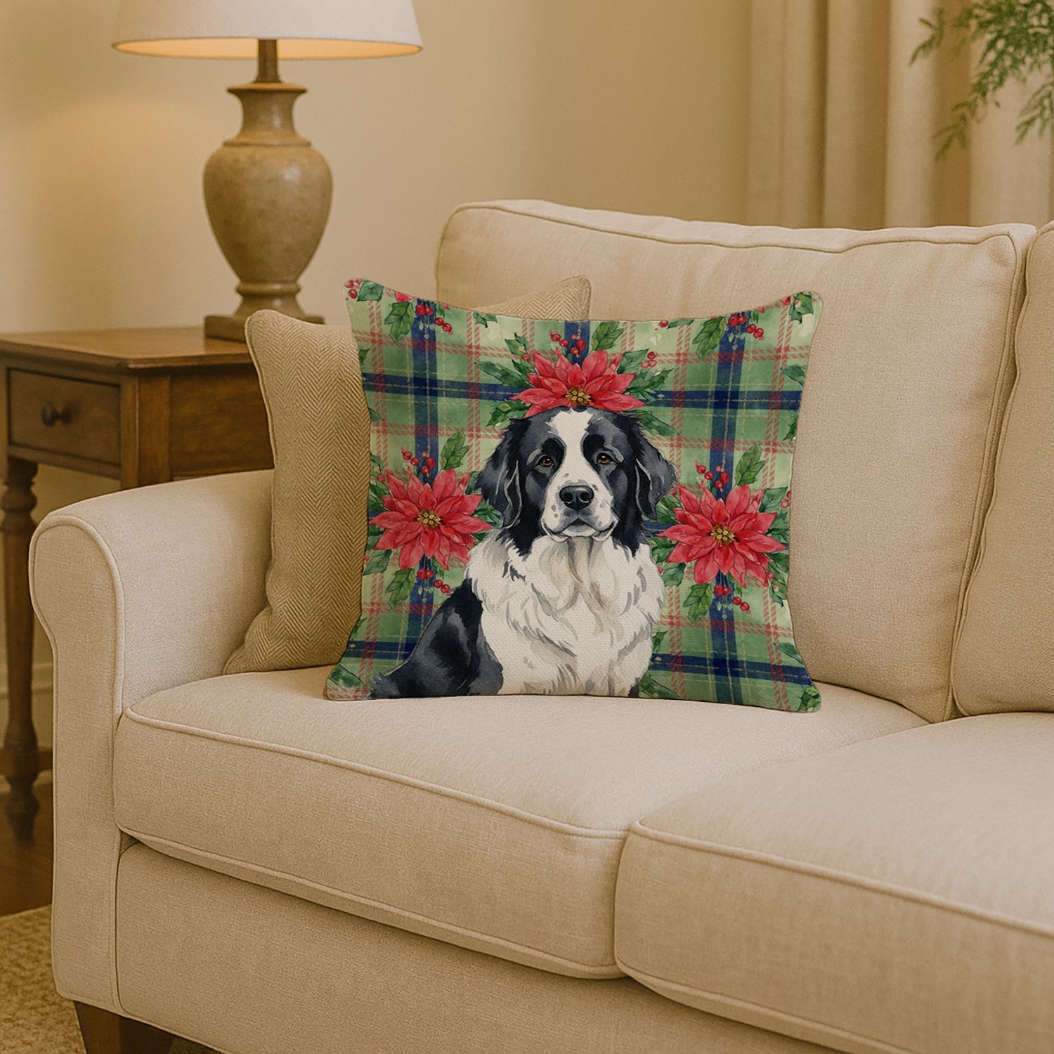 Landseer Newfoundland Christmas PoinsettIas Decorative Throw Pillow 14x14 Indoor Outdoor Accent Cushion, Fabric Cover with Insert for Sofa, Bed, Porch & Living Room