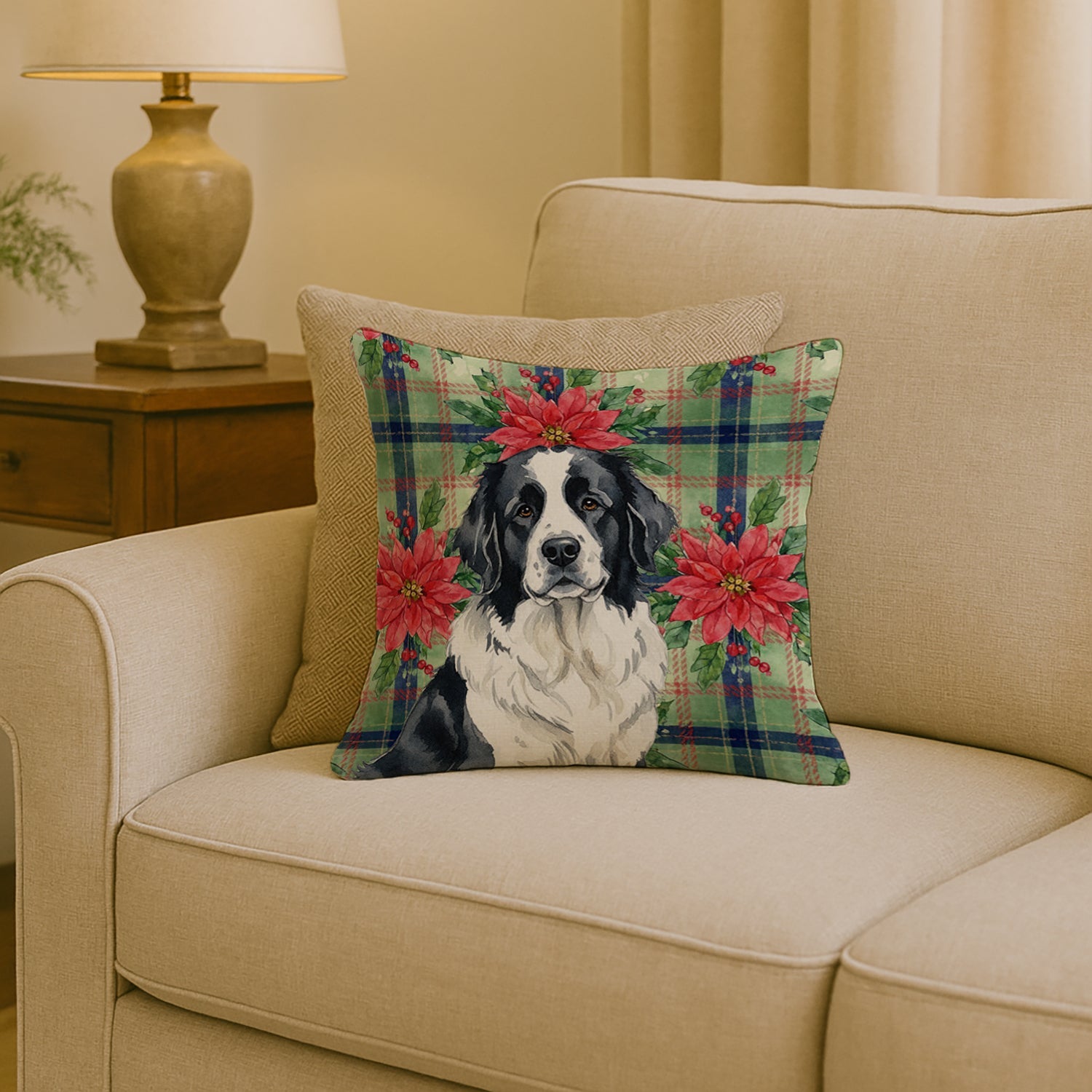 Landseer Newfoundland Christmas PoinsettIas Decorative Throw Pillow 18x18 Indoor Outdoor Accent Cushion, Fabric Cover with Insert for Sofa, Bed, Porch & Living Room