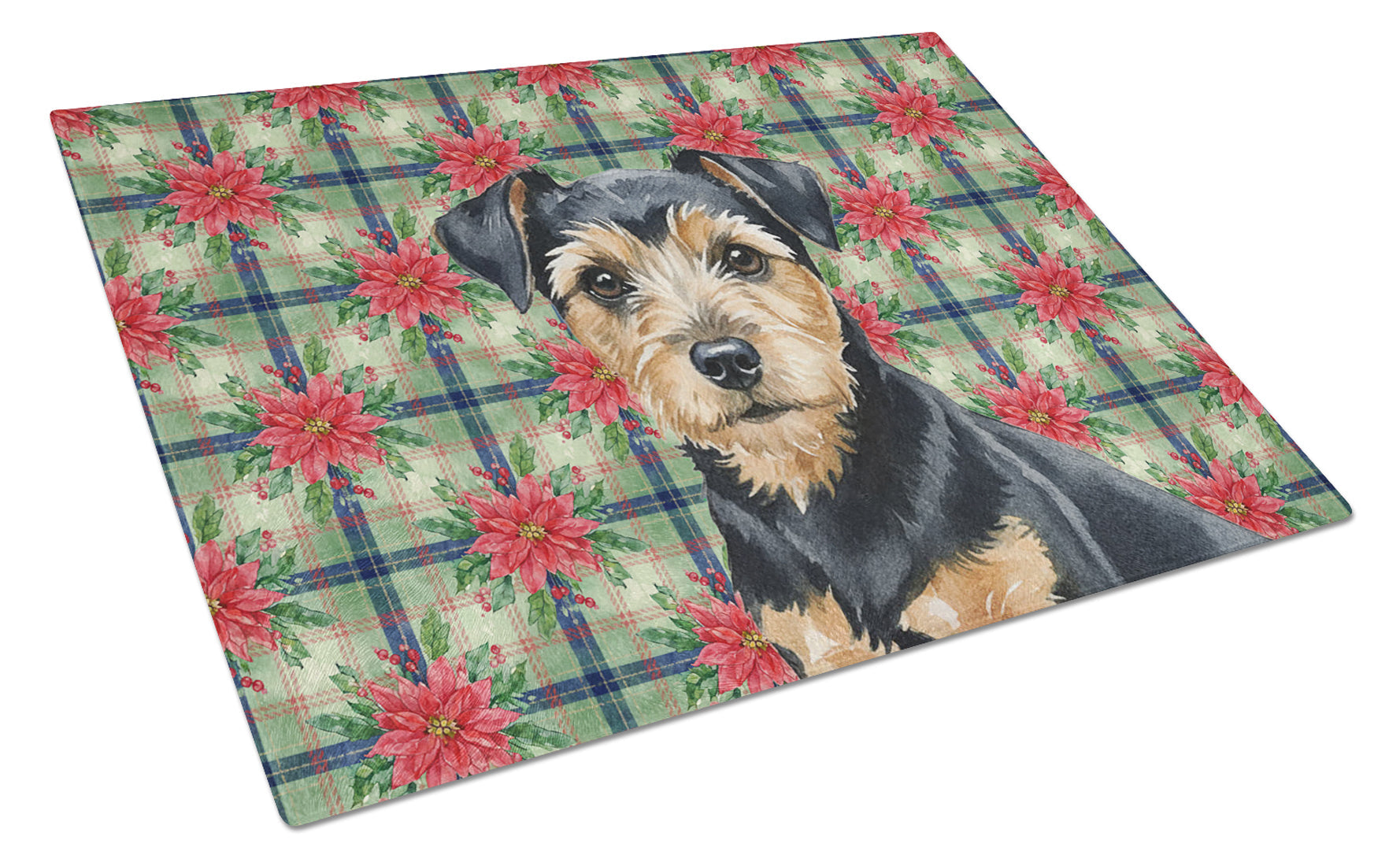 Black and Tan Norfolk Terrier Christmas PoinsettIas Cutting Board Tempered Glass Kitchen Cutting Surface, Heat Resistant Chopping, Non-Slip Feet, Food Prep & Serving