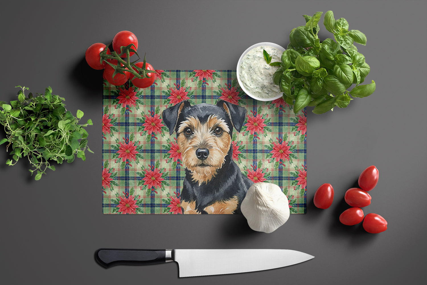Black and Tan Norfolk Terrier Christmas PoinsettIas Cutting Board Tempered Glass Kitchen Cutting Surface, Heat Resistant Chopping, Non-Slip Feet, Food Prep & Serving