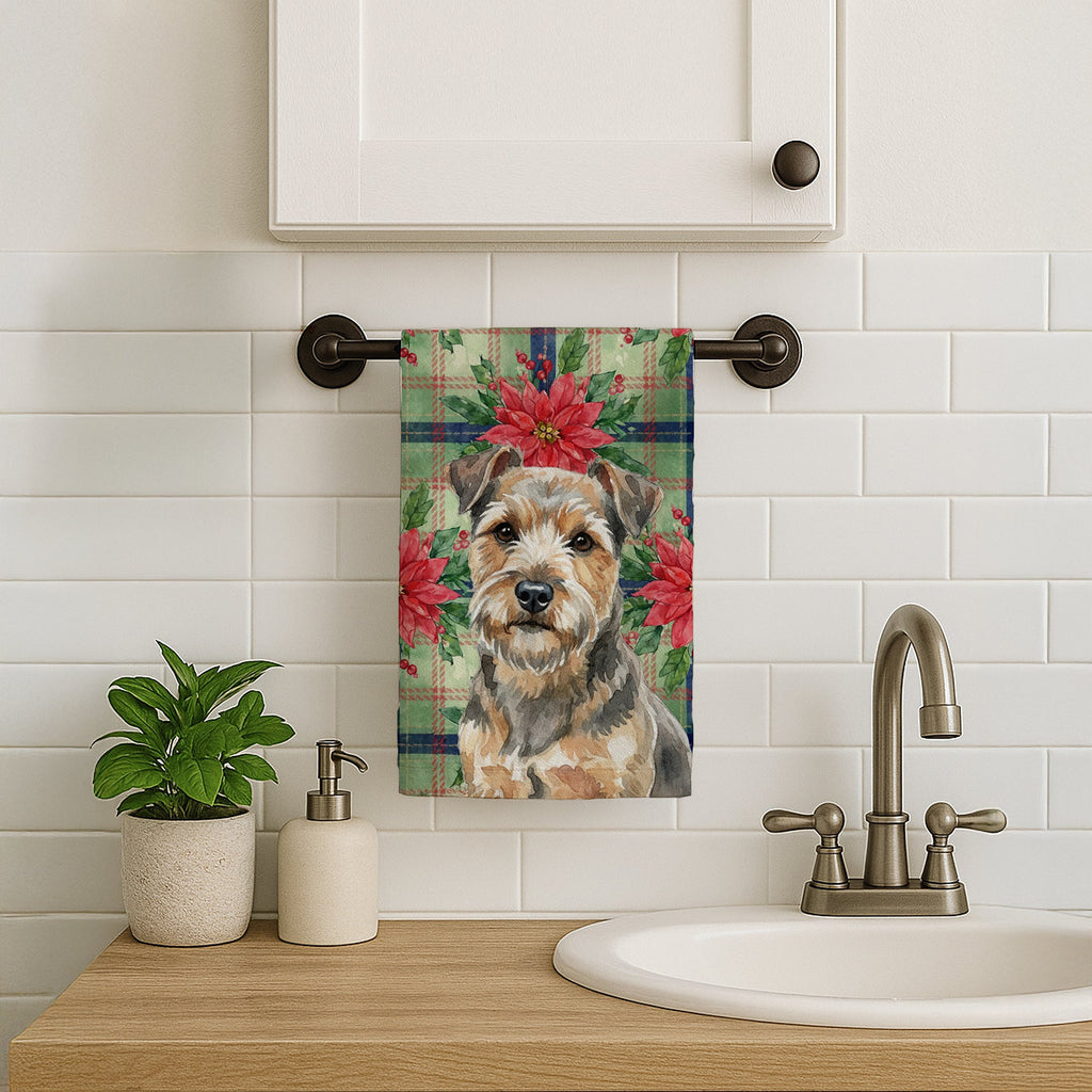 Grizzle and Tan Norfolk Terrier Christmas PoinsettIas Kitchen Towel Velour Plush Front and Cotton Loop Back Machine Washable