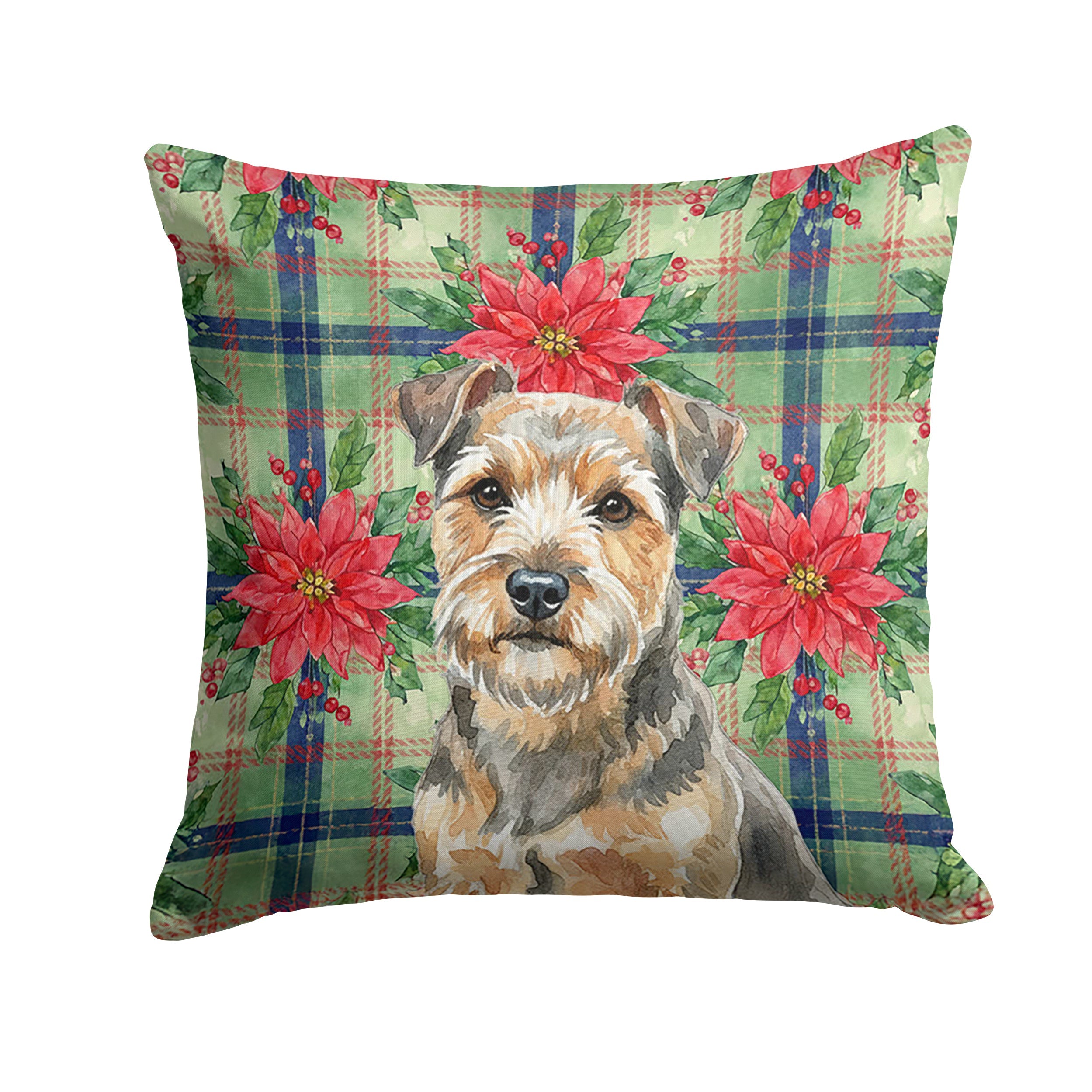 Grizzle and Tan Norfolk Terrier Christmas PoinsettIas Decorative Throw Pillow 14x14 Indoor Outdoor Accent Cushion, Fabric Cover with Insert for Sofa, Bed, Porch & Living Room