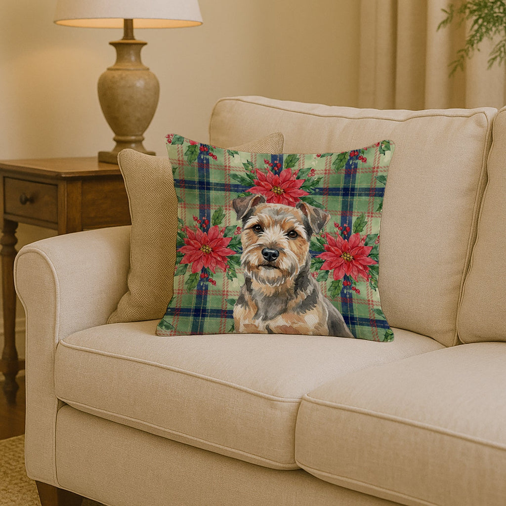 Grizzle and Tan Norfolk Terrier Christmas PoinsettIas Decorative Throw Pillow 14x14 Indoor Outdoor Accent Cushion, Fabric Cover with Insert for Sofa, Bed, Porch & Living Room
