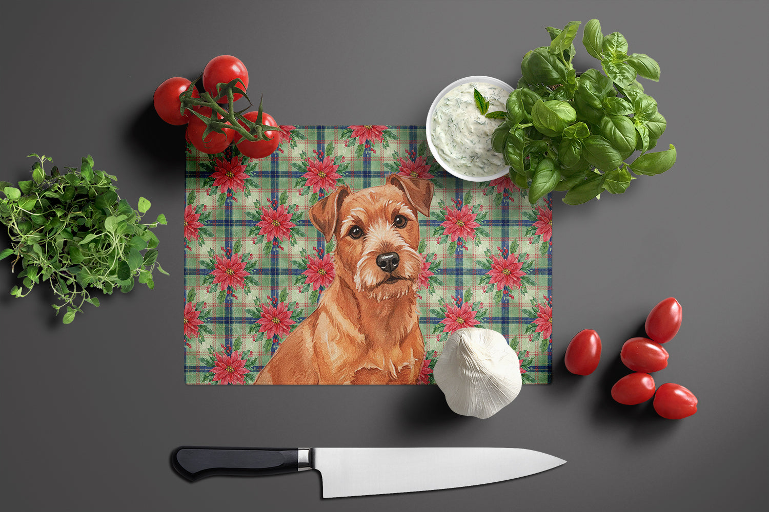 Red Norfolk Terrier Christmas PoinsettIas Cutting Board Tempered Glass Kitchen Cutting Surface, Heat Resistant Chopping, Non-Slip Feet, Food Prep & Serving