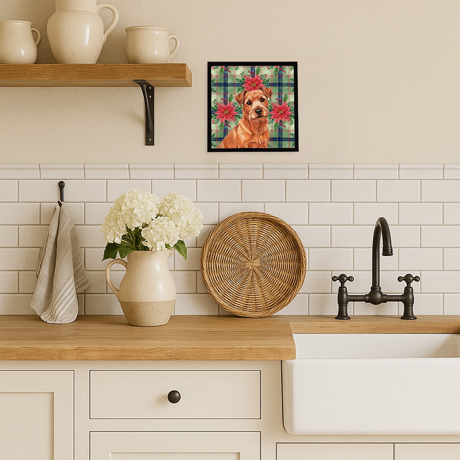 Red Norfolk Terrier Christmas PoinsettIas Framed Metal Print Bathroom, Kitchen, Office, Home Decor Wall Art Ready to Hang, Square, 8X8