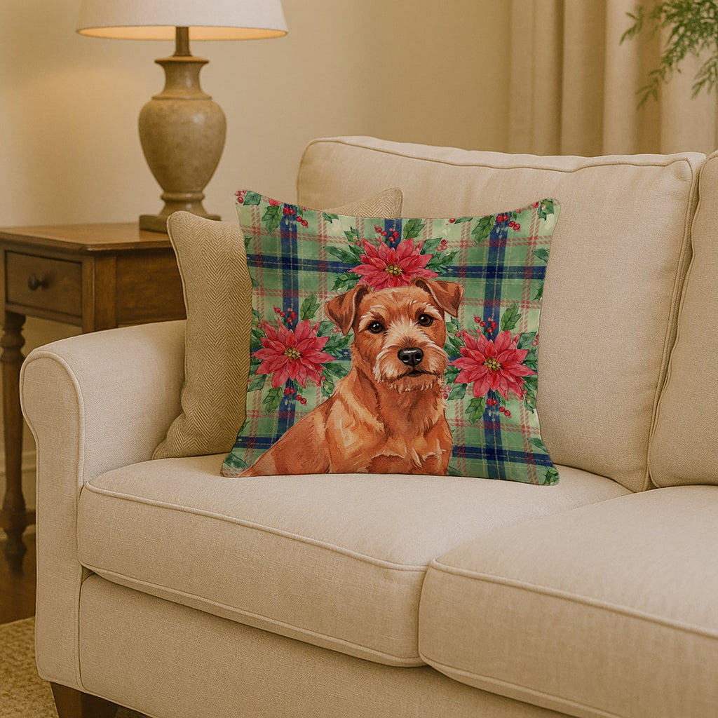 Red Norfolk Terrier Christmas PoinsettIas Decorative Throw Pillow 14x14 Indoor Outdoor Accent Cushion, Fabric Cover with Insert for Sofa, Bed, Porch & Living Room