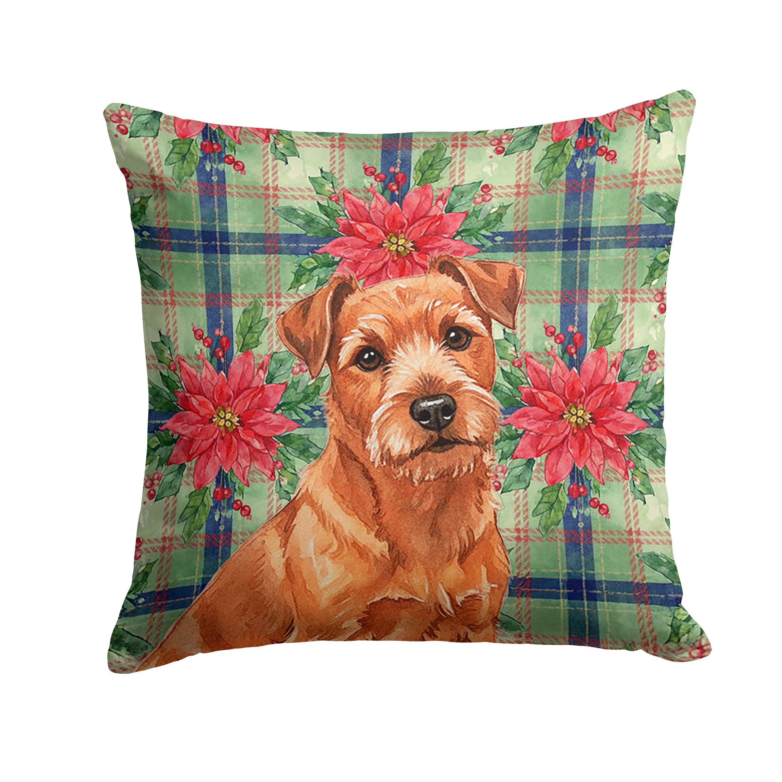 Red Norfolk Terrier Christmas PoinsettIas Decorative Throw Pillow 18x18 Indoor Outdoor Accent Cushion, Fabric Cover with Insert for Sofa, Bed, Porch & Living Room