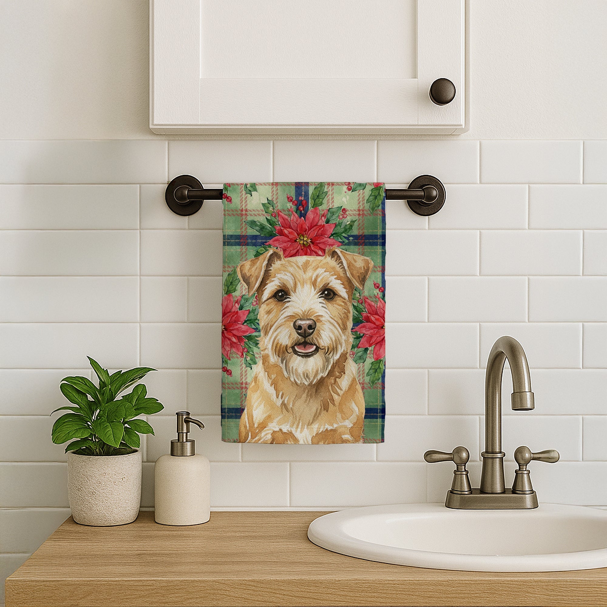 Wheaten Norfolk Terrier Christmas PoinsettIas Kitchen Towel Velour Plush Front and Cotton Loop Back Machine Washable