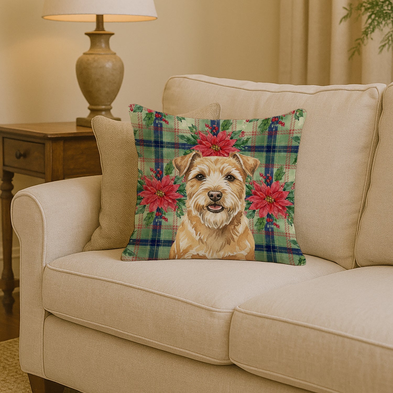 Wheaten Norfolk Terrier Christmas PoinsettIas Decorative Throw Pillow 14x14 Indoor Outdoor Accent Cushion, Fabric Cover with Insert for Sofa, Bed, Porch & Living Room