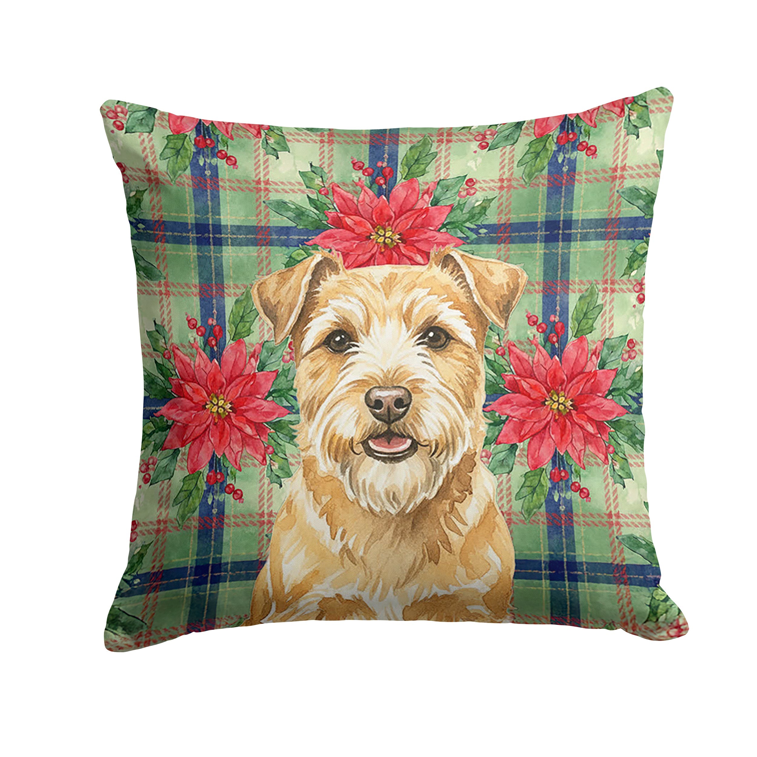 Wheaten Norfolk Terrier Christmas PoinsettIas Decorative Throw Pillow 18x18 Indoor Outdoor Accent Cushion, Fabric Cover with Insert for Sofa, Bed, Porch & Living Room