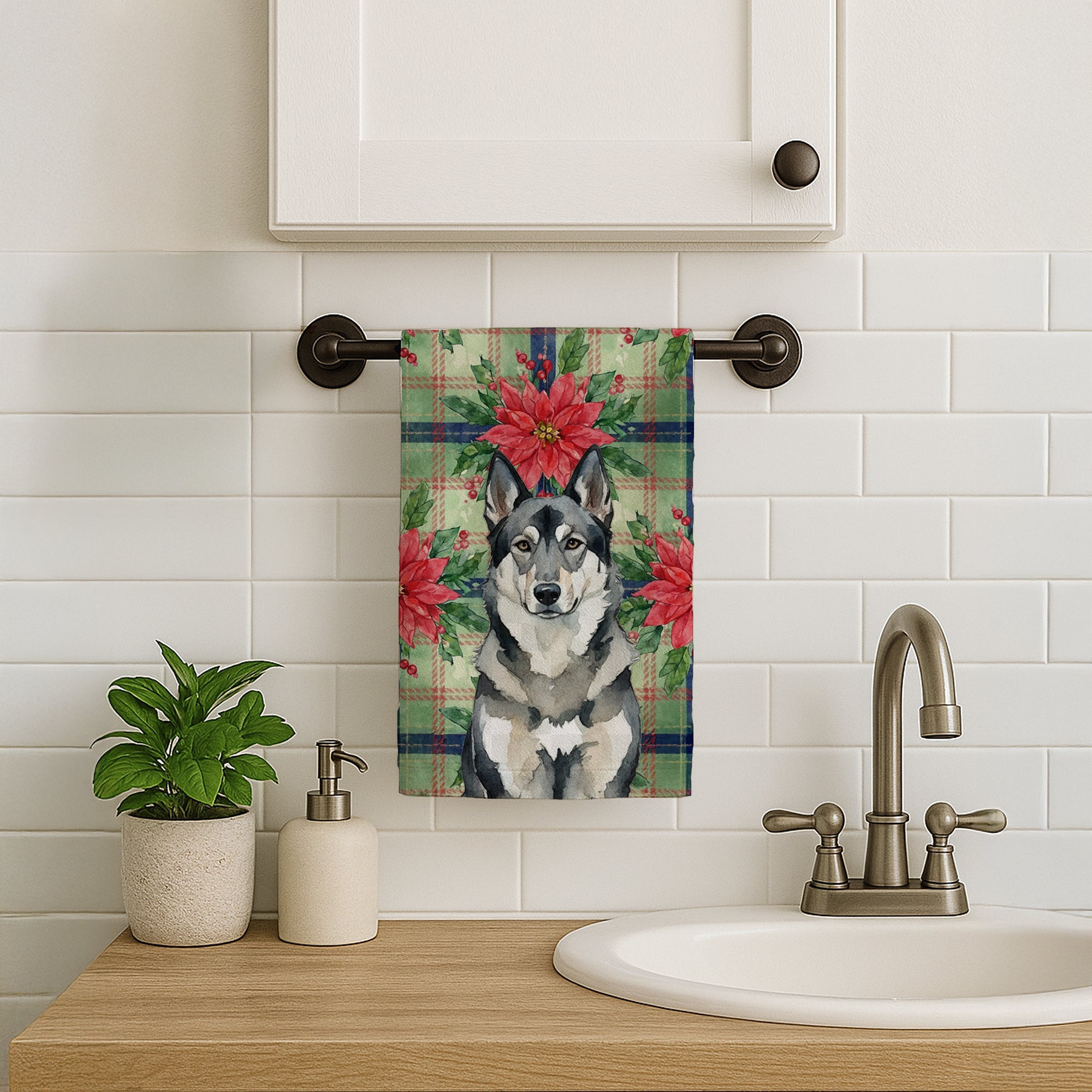 Norwegian Elkhound Christmas PoinsettIas Kitchen Towel Velour Plush Front and Cotton Loop Back Machine Washable