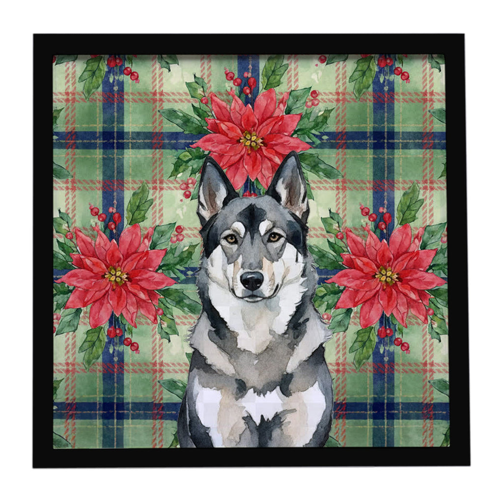 Norwegian Elkhound Christmas PoinsettIas Framed Metal Print Bathroom, Kitchen, Office, Home Decor Wall Art Ready to Hang, Square, 8X8